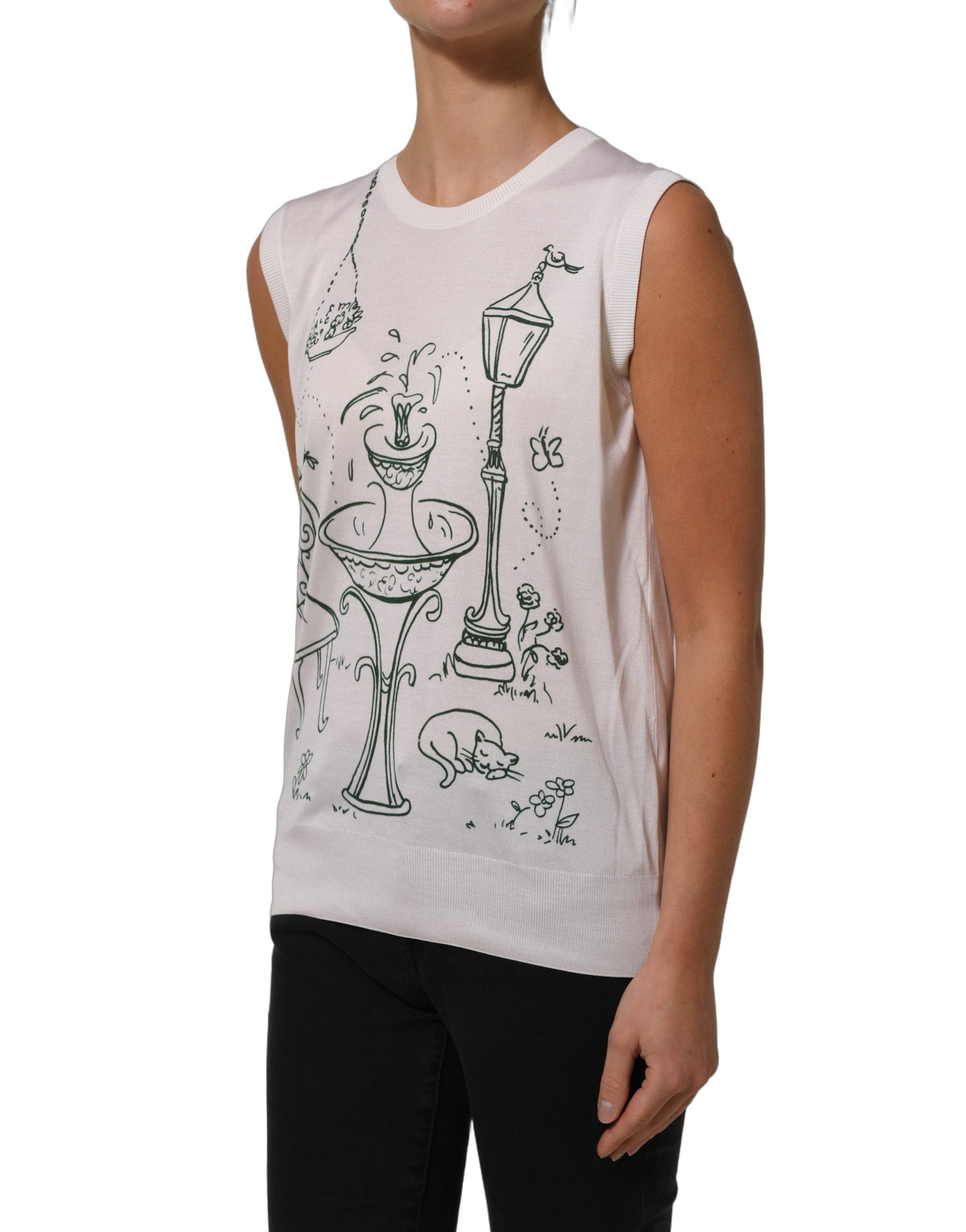 Dolce & Gabbana Weißes Seidenstrick-Top mit „Garden Fountain“-Print