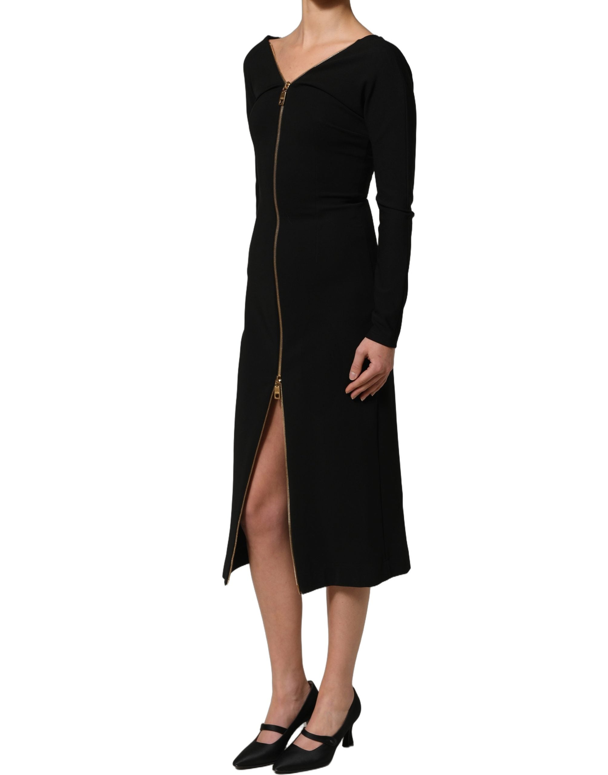 Dolce & Gabbana Schwarzes Midikleid mit langen Ärmeln und durchgehendem Reißverschluss vorne