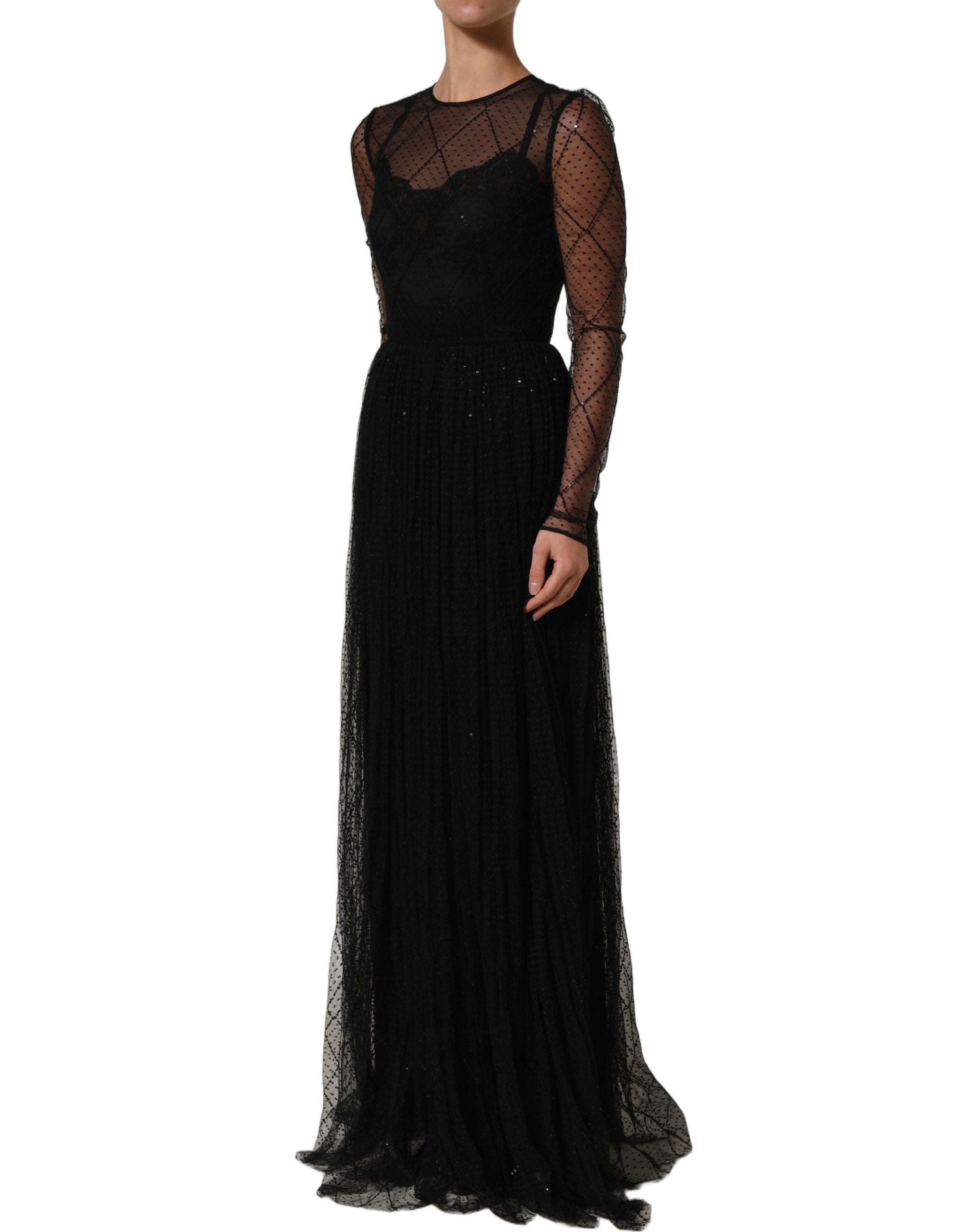 Dolce & Gabbana Langes Spitzen-Maxikleid aus schwarzem Mesh