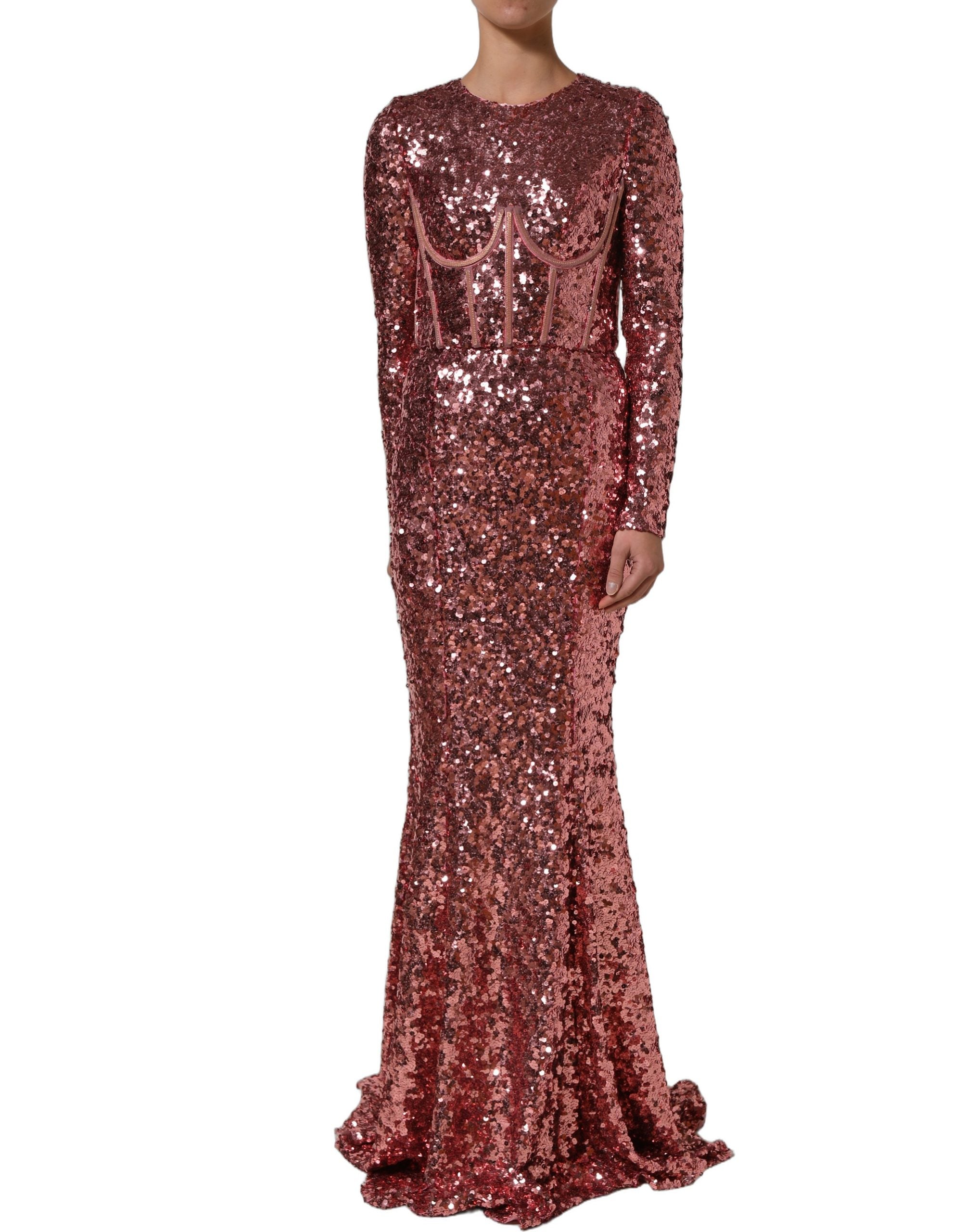 Dolce & Gabbana Langes pinkfarbenes Pailletten-Abendkleid mit Korsett-Detailing