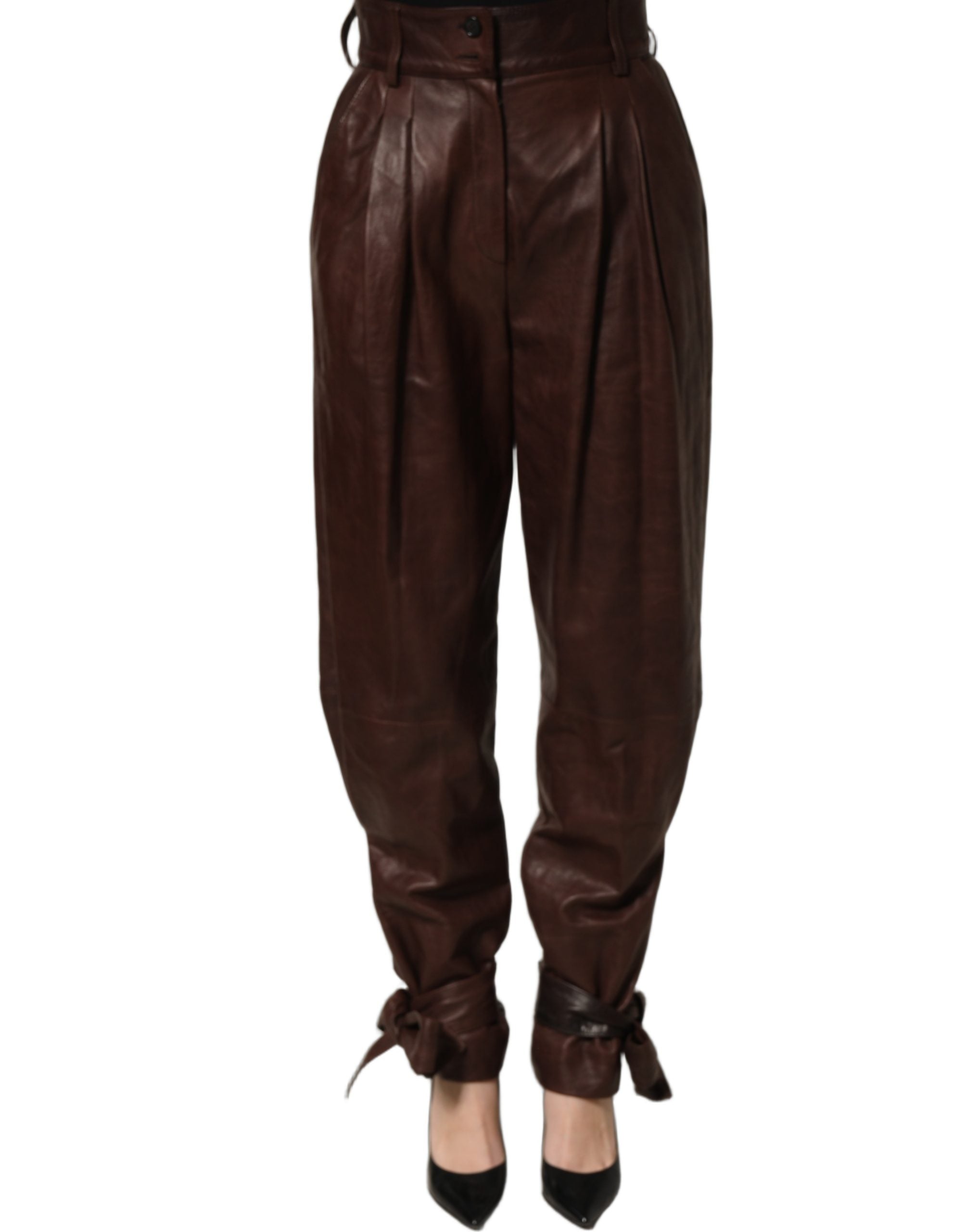 Dolce & Gabbana Braune Lederhose mit hoher Taille und schmal zulaufendem Bein