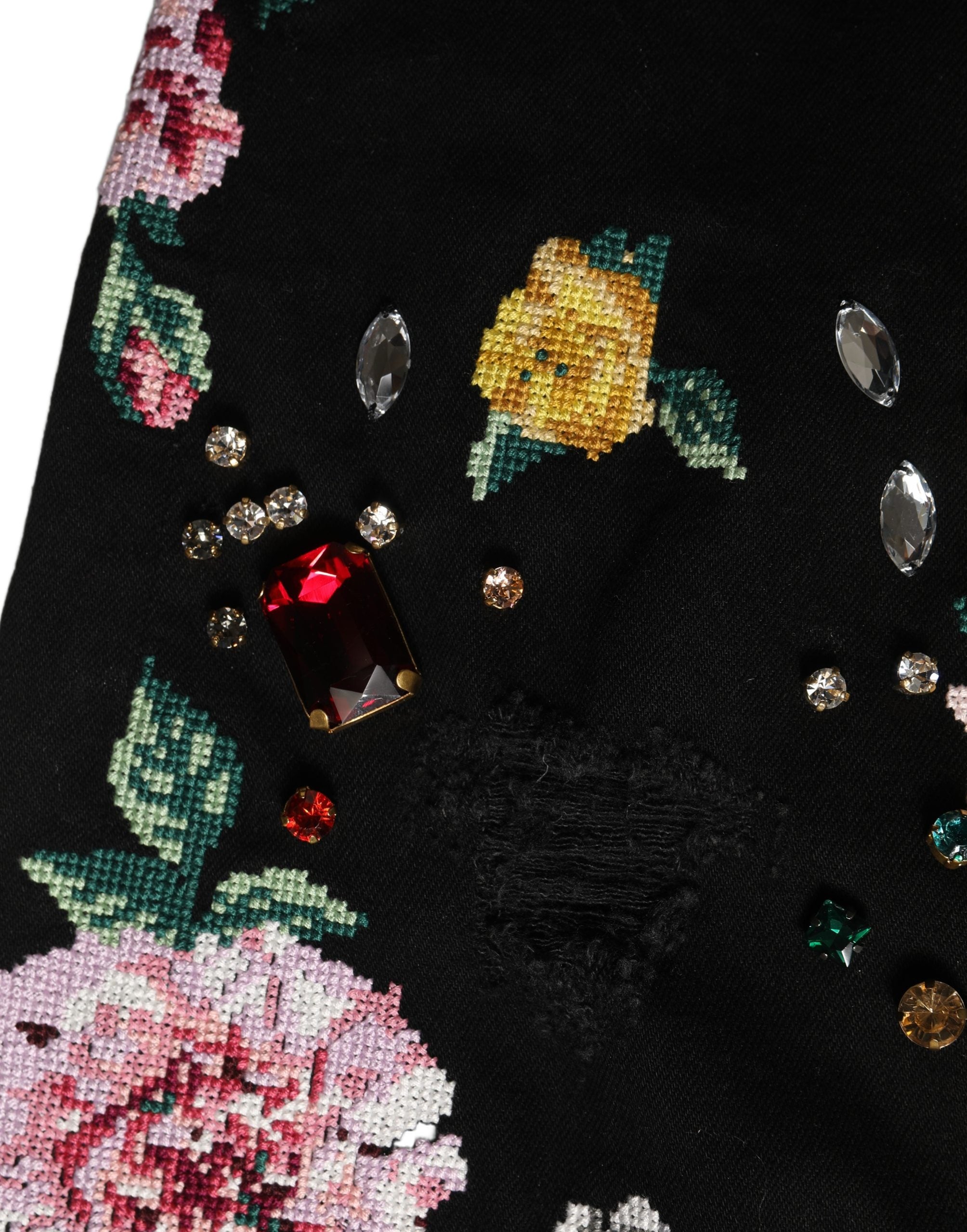 Dolce & Gabbana Schwarze Hose mit Blumenprint, hoher Taille und schmal zulaufendem Bein aus Baumwolle