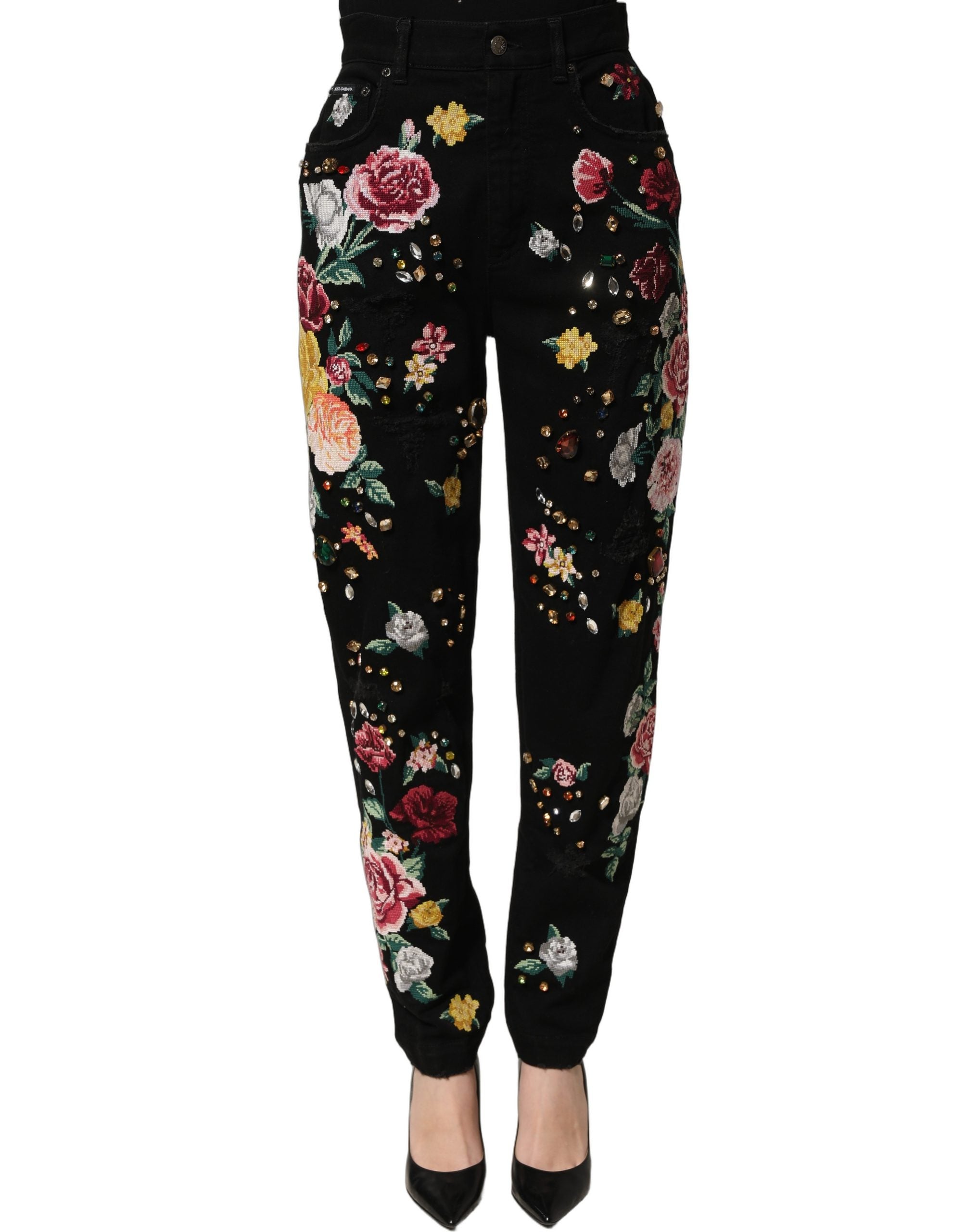 Dolce & Gabbana Schwarze Hose mit Blumenprint, hoher Taille und schmal zulaufendem Bein aus Baumwolle