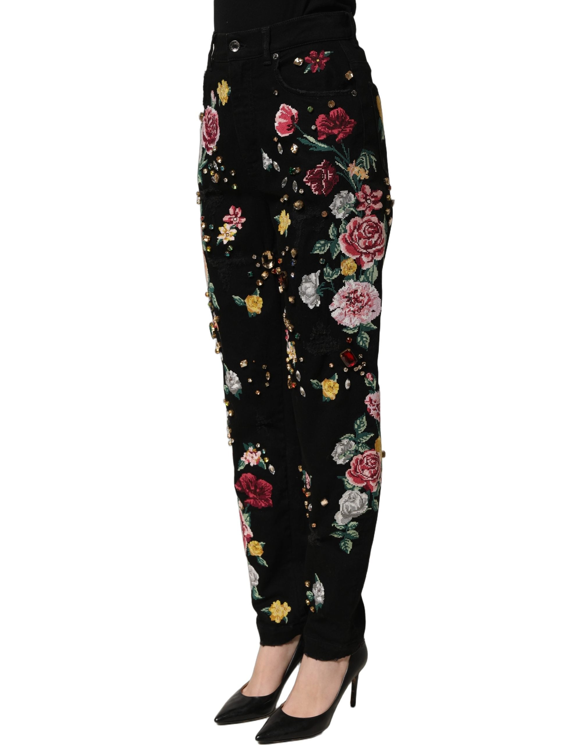 Dolce & Gabbana Schwarze Hose mit Blumenprint, hoher Taille und schmal zulaufendem Bein aus Baumwolle