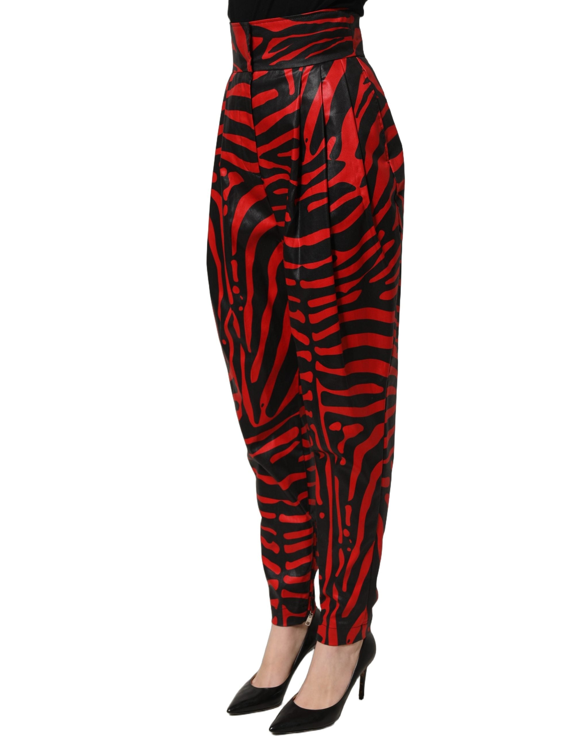 Dolce & Gabbana Rote und schwarze Zebra-Print-Hose aus Baumwolle mit hoher Taille