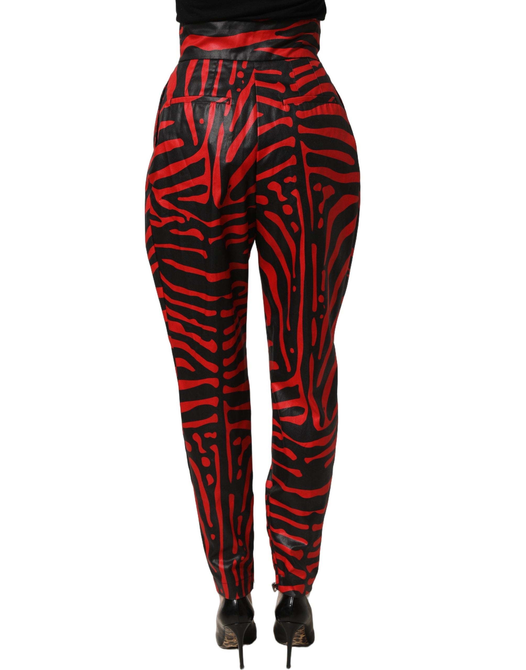 Dolce & Gabbana Rote und schwarze Zebra-Print-Hose aus Baumwolle mit hoher Taille