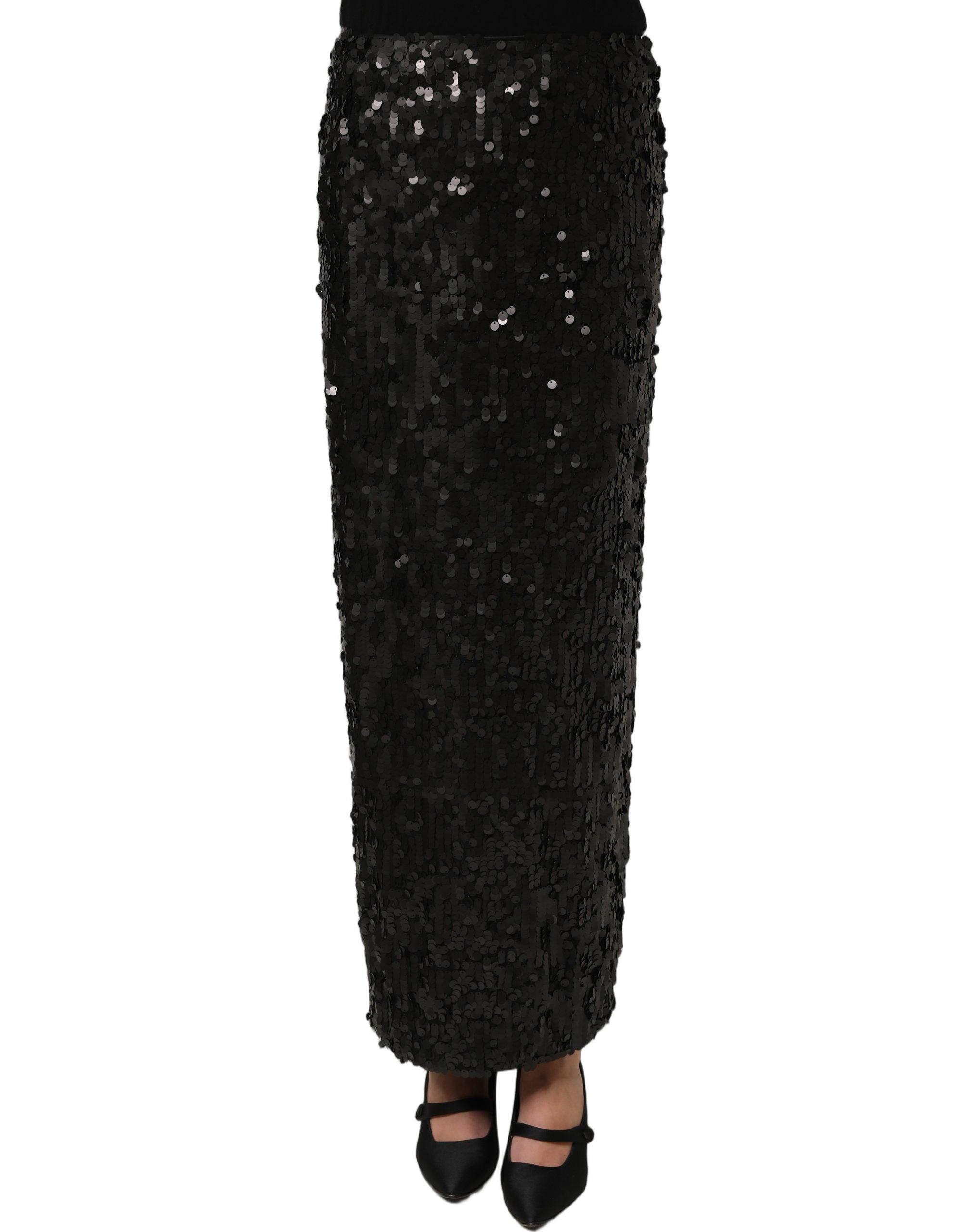 Dolce & Gabbana Schwarzer Pailletten-Bleistiftrock mit hoher Taille und Midi-Länge