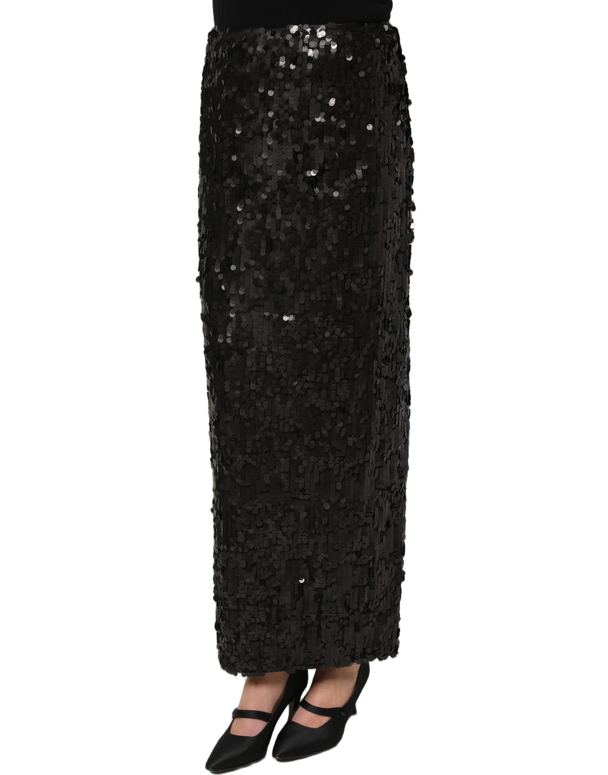 Dolce & Gabbana Schwarzer Pailletten-Bleistiftrock mit hoher Taille und Midi-Länge