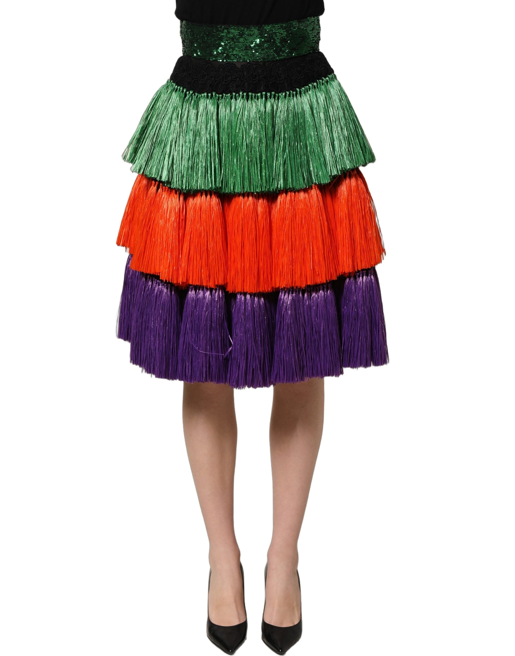 Dolce & Gabbana Rock mit Fransen, hoher Taille und knielangem Schnitt in Multicolor