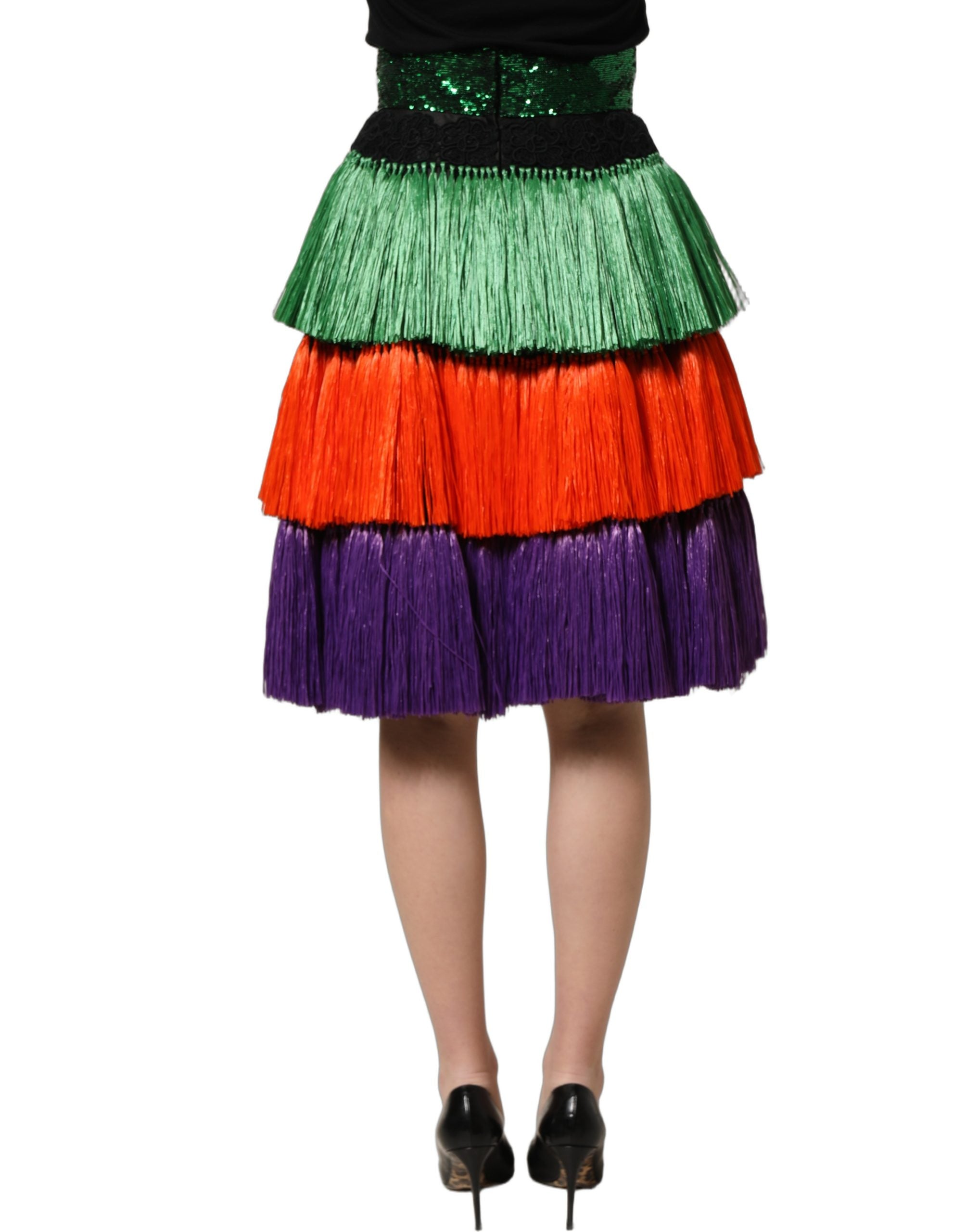 Dolce & Gabbana Rock mit Fransen, hoher Taille und knielangem Schnitt in Multicolor