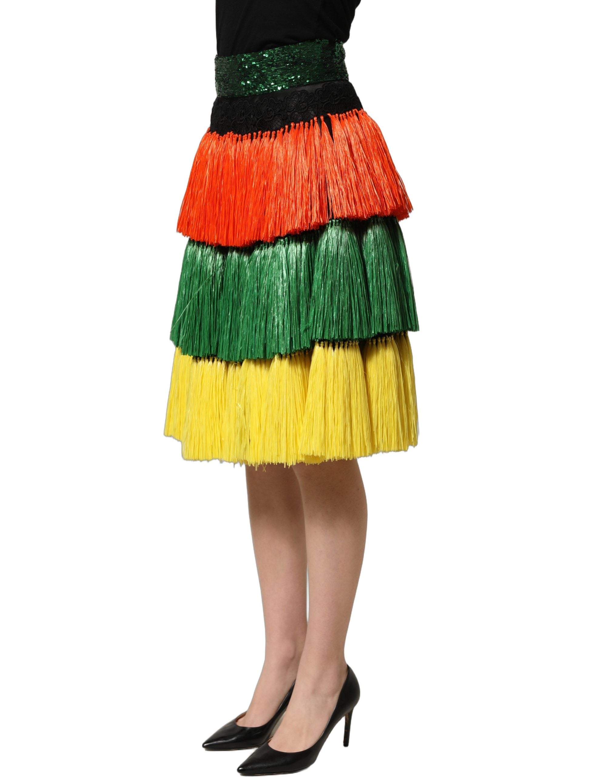 Dolce & Gabbana Mehrfarbiger Paillettenrock mit Fransen und hoher Taille, knielang