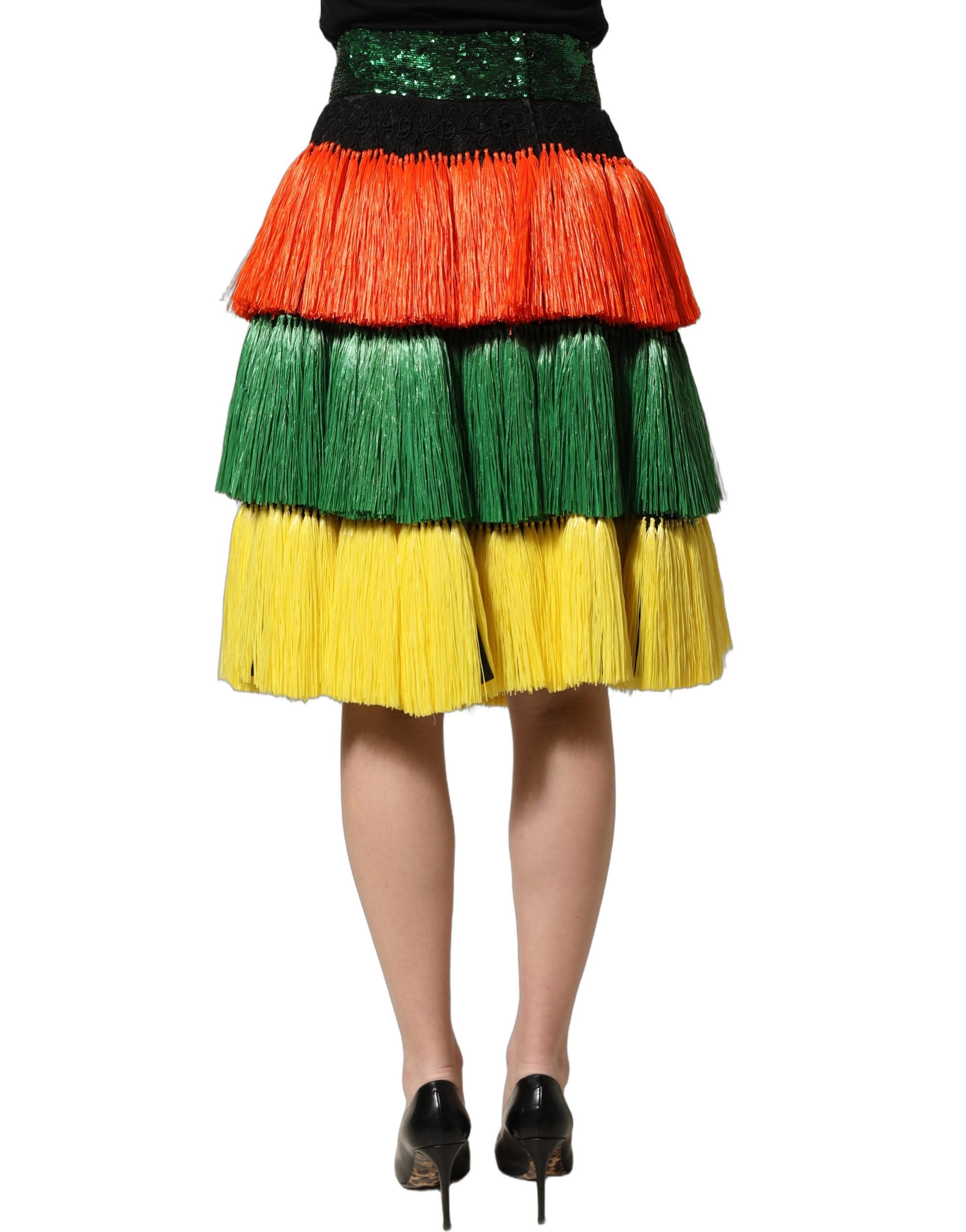 Dolce & Gabbana Mehrfarbiger Paillettenrock mit Fransen und hoher Taille, knielang