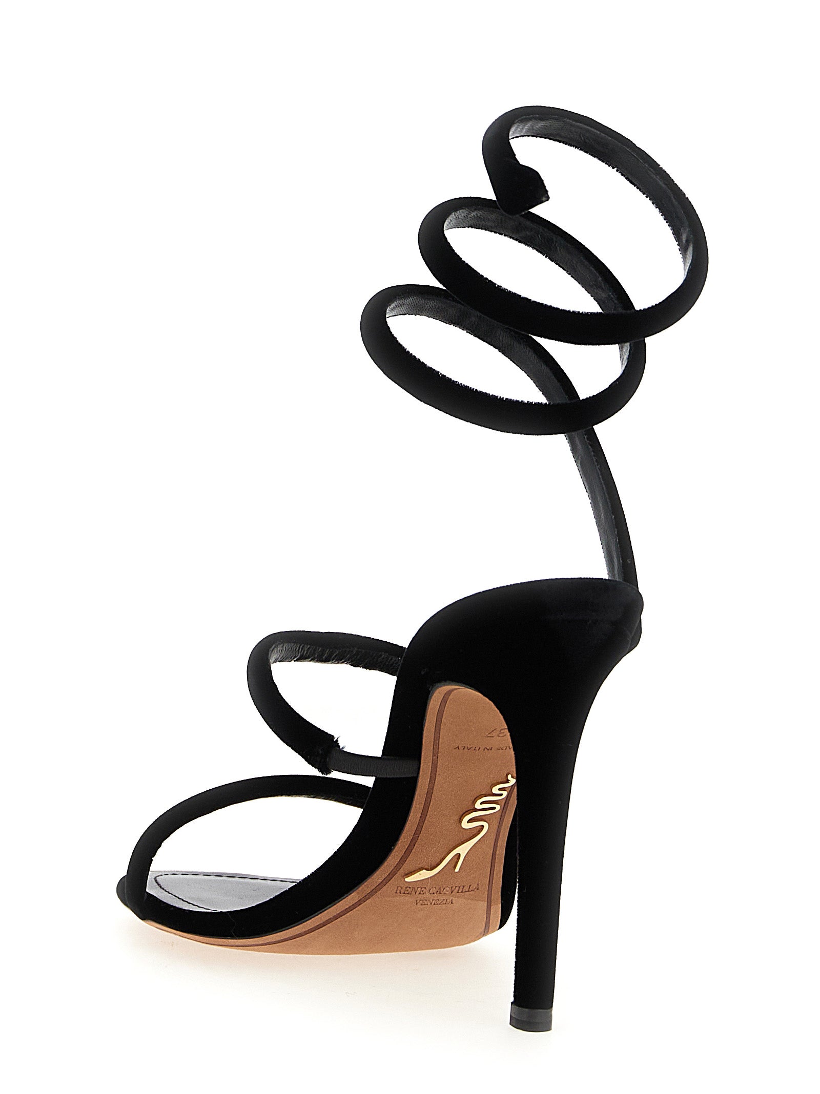 RENE CAOVILLA Schwarze Stiletto-Sandalen aus Textil