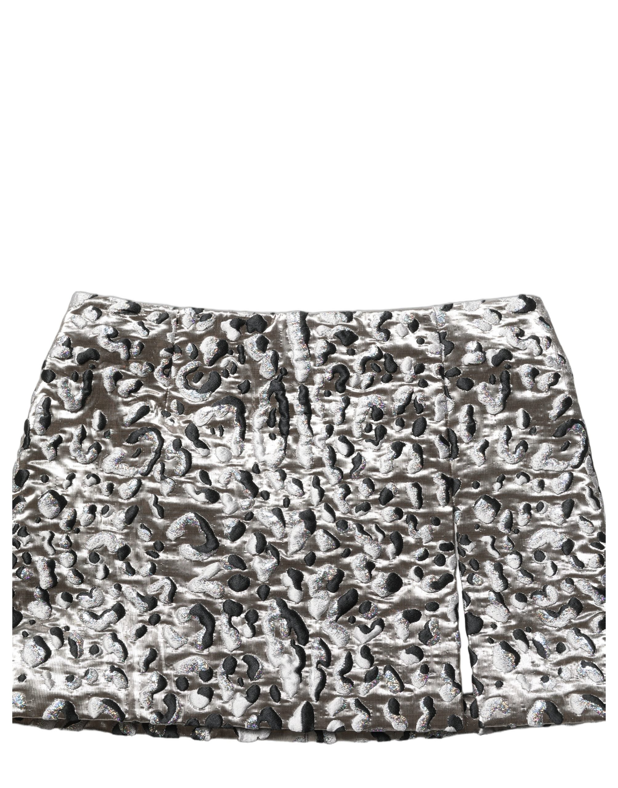 Dolce & Gabbana Silberner Jacquard-Minirock mit Leopardenmuster und mittlerer Taille