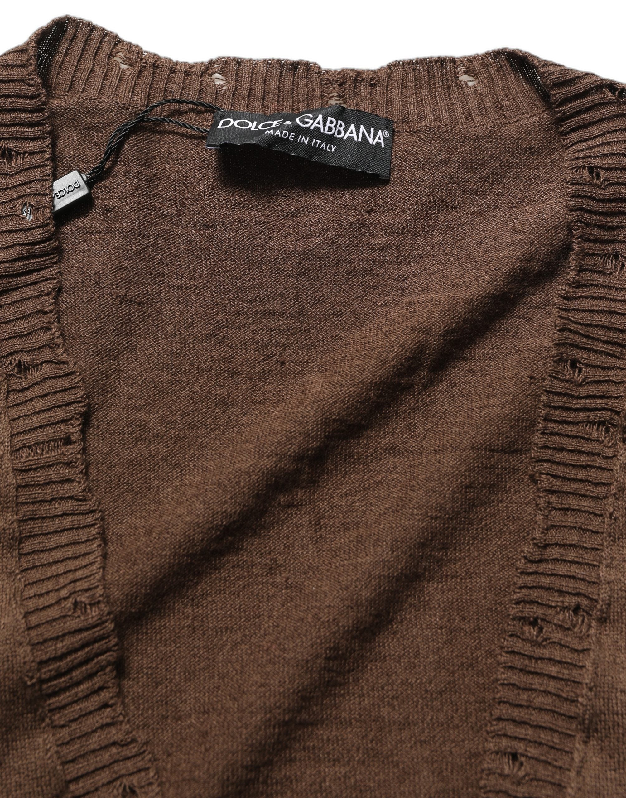Dolce & Gabbana Brauner Pullover aus Leinen mit V-Ausschnitt und Knöpfen