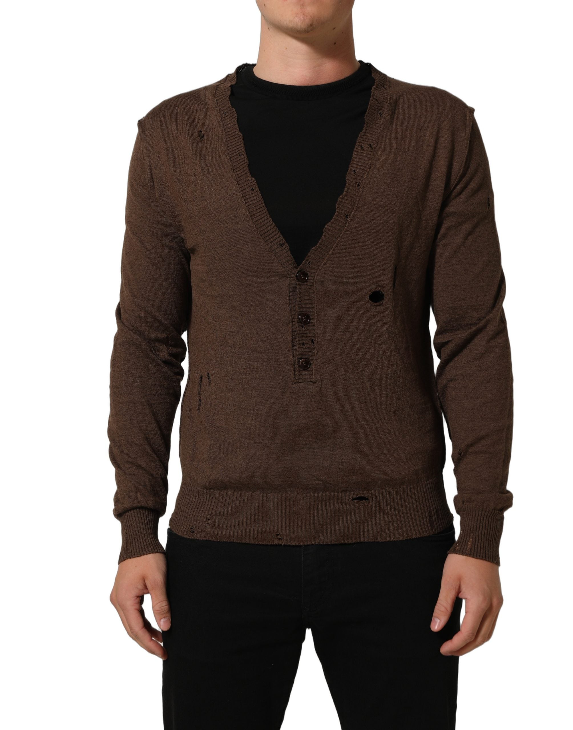 Dolce & Gabbana Brauner Pullover aus Leinen mit V-Ausschnitt und Knöpfen