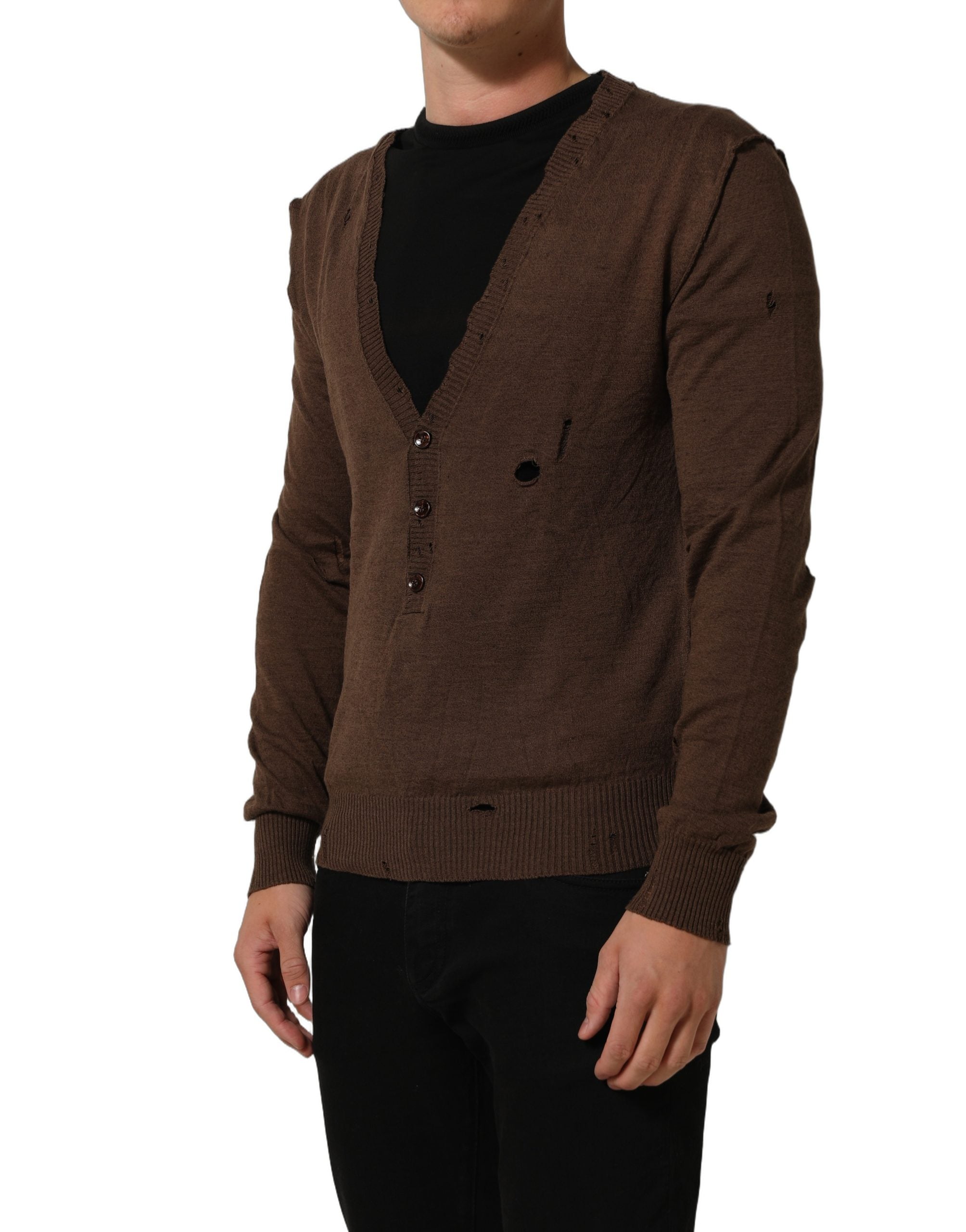 Dolce & Gabbana Brauner Pullover aus Leinen mit V-Ausschnitt und Knöpfen