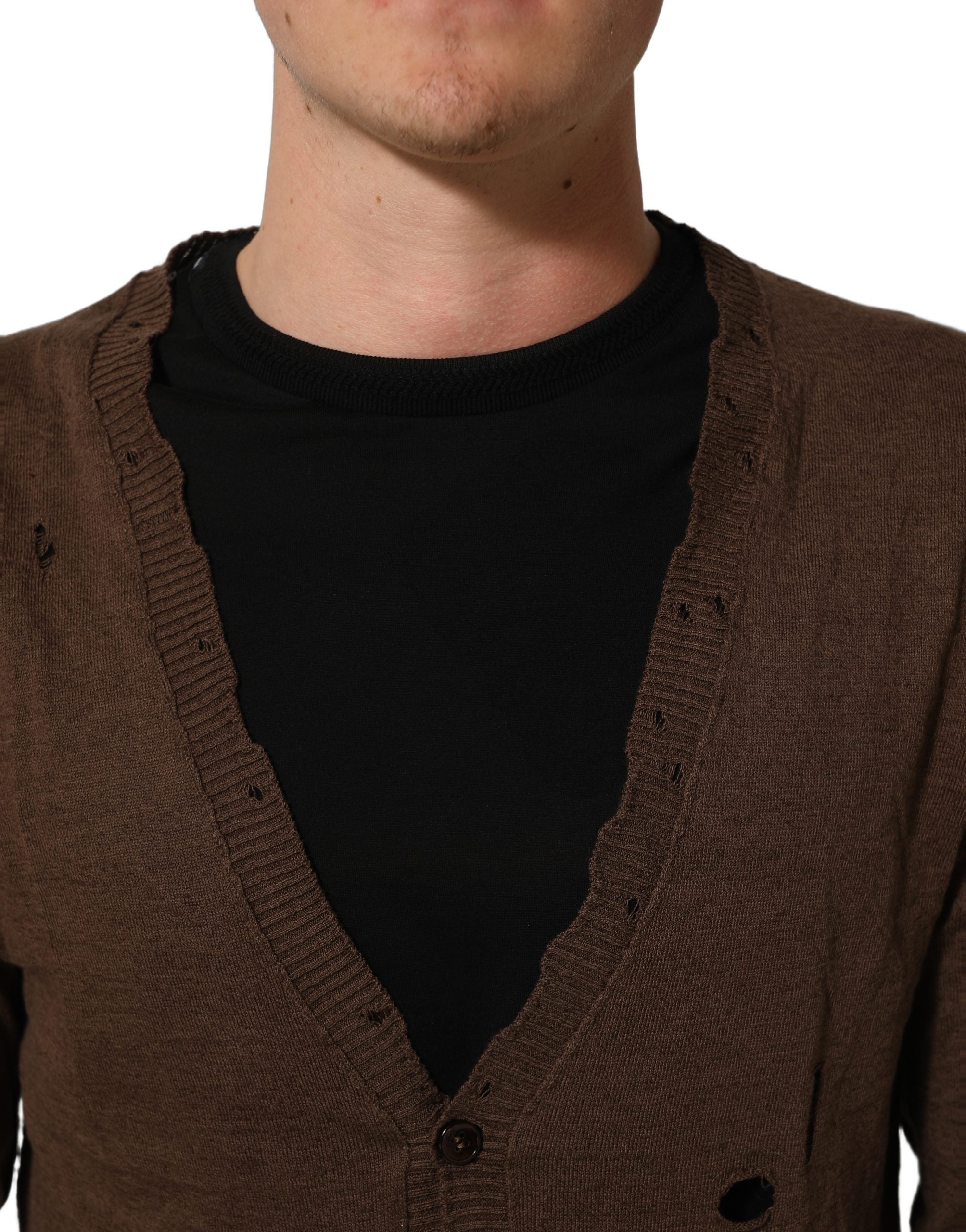Dolce & Gabbana Brauner Pullover aus Leinen mit V-Ausschnitt und Knöpfen