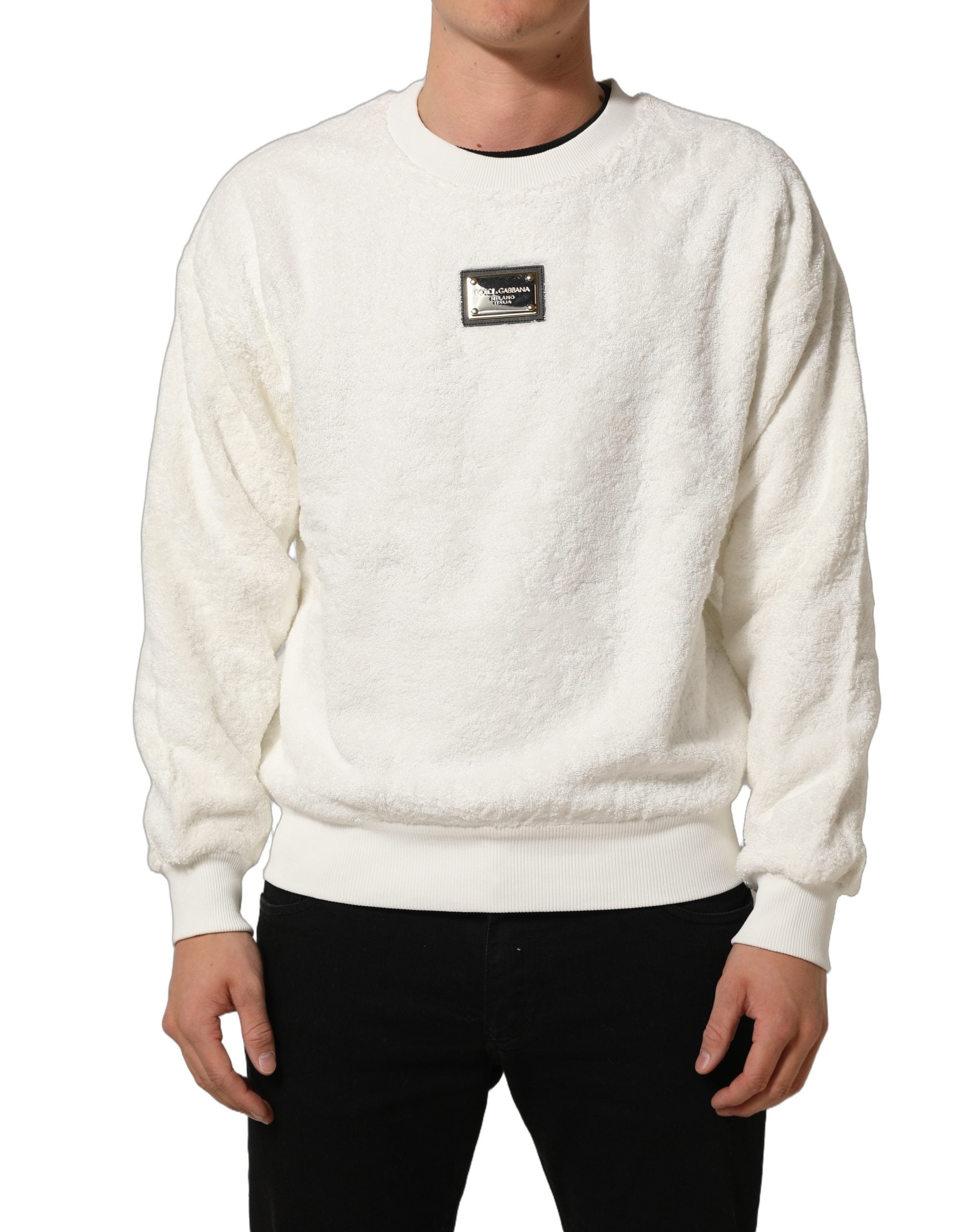 Dolce & Gabbana Weißes Sweatshirt mit Logo-Plakette und Rundhalsausschnitt