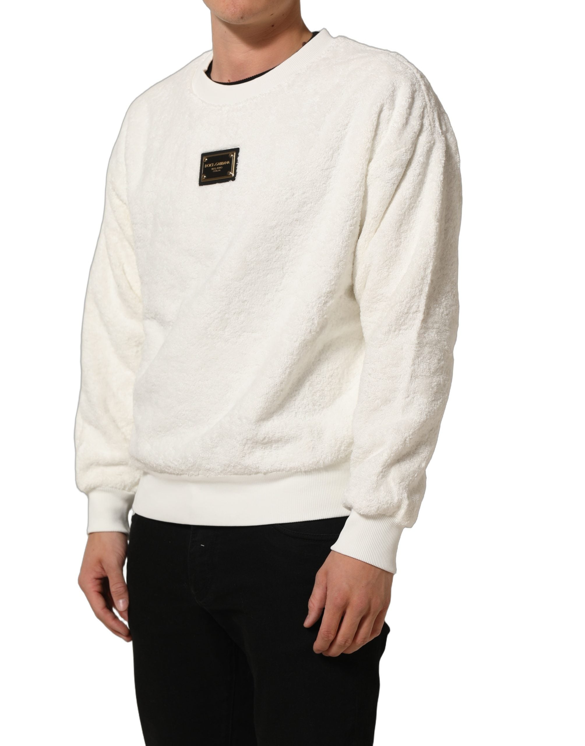 Dolce & Gabbana Weißes Sweatshirt mit Logo-Plakette und Rundhalsausschnitt