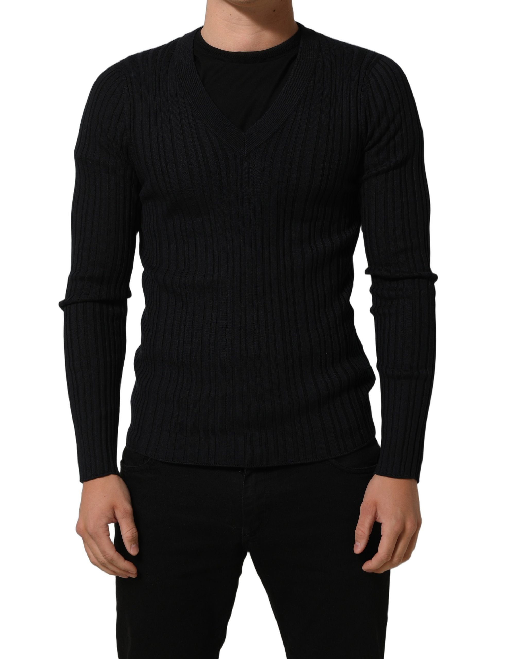 Dolce & Gabbana Schwarzer V-Ausschnitt Pullover aus Seidenmischung für Herren