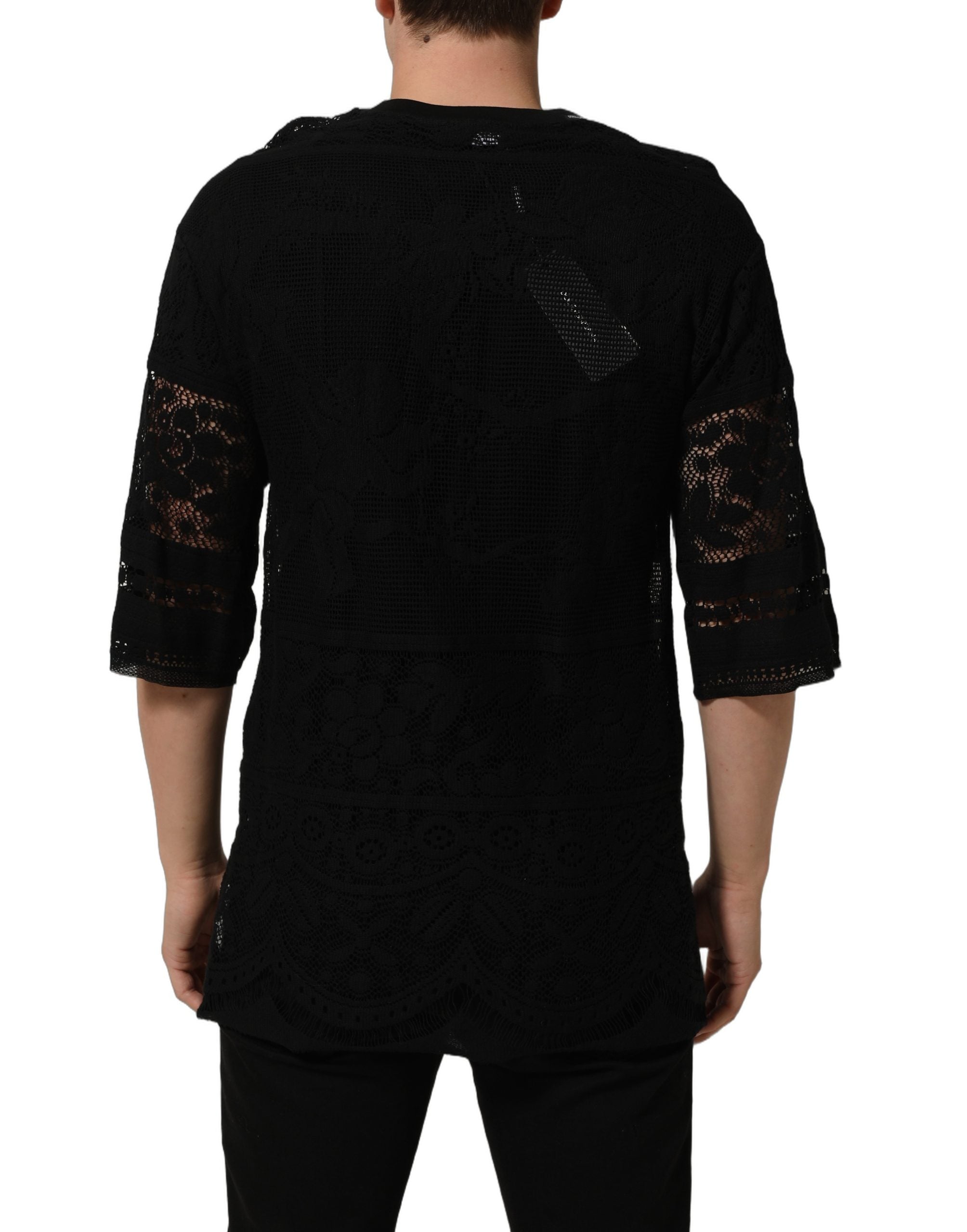 Dolce & Gabbana Schwarzes Baumwoll-T-Shirt mit Blumen-Spitzenbesatz und Rundhalsausschnitt