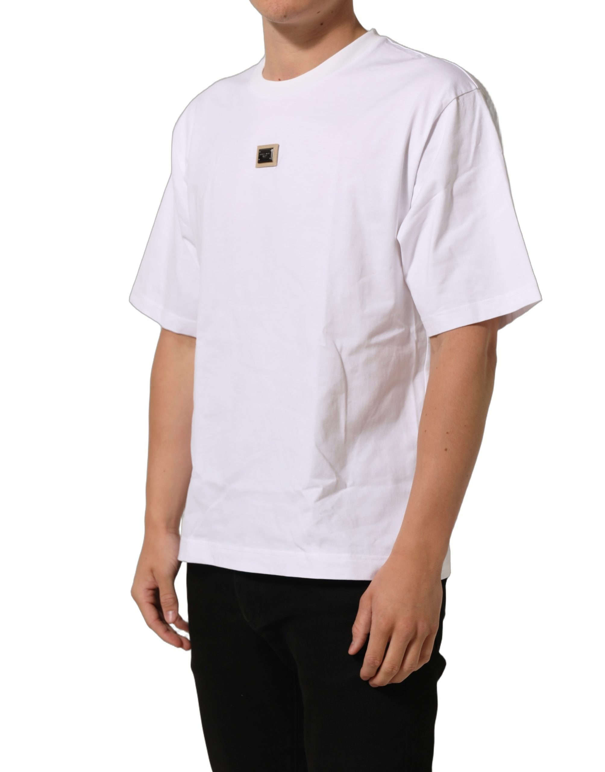 Dolce & Gabbana Weißes Baumwoll-T-Shirt mit Rundhalsausschnitt und Logo-Plakette