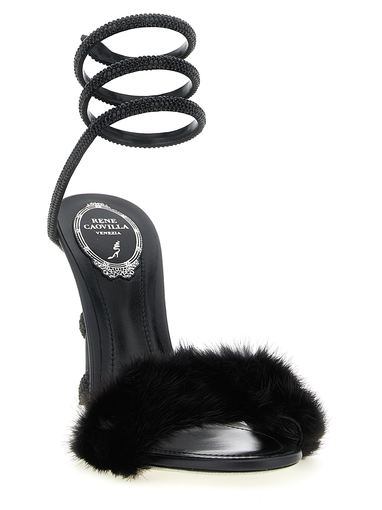 RENE CAOVILLA Schwarze Leder-Stiletto-Sandalen
