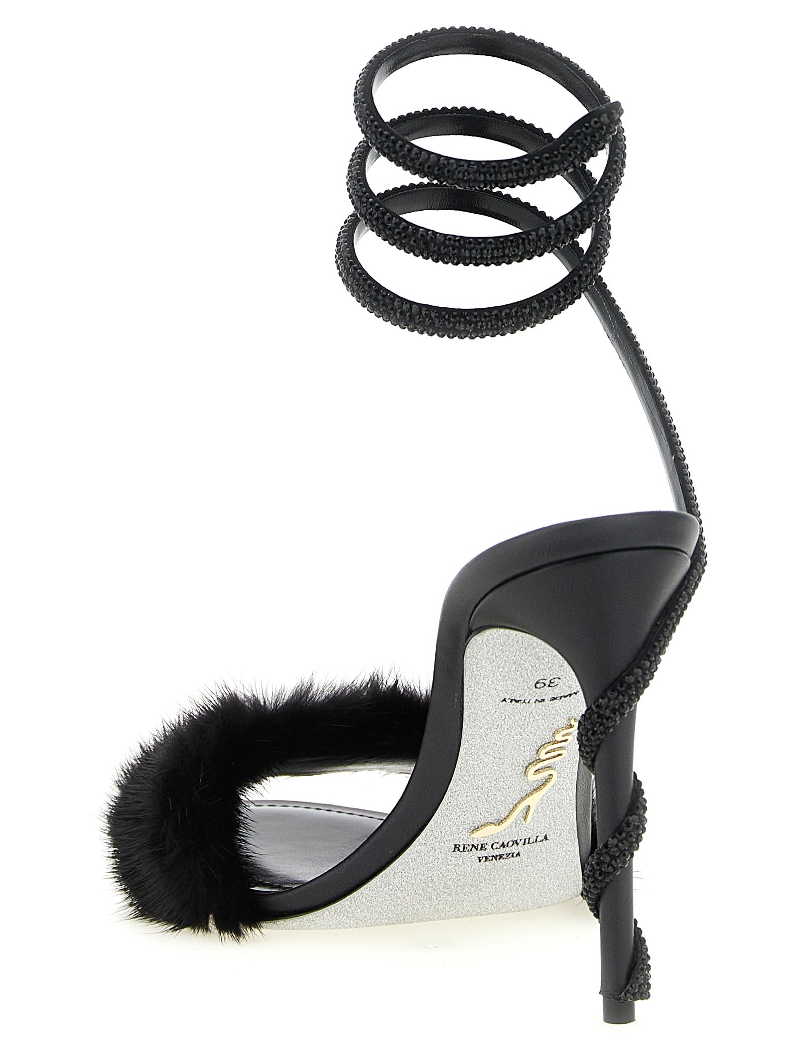 RENE CAOVILLA Schwarze Leder-Stiletto-Sandalen