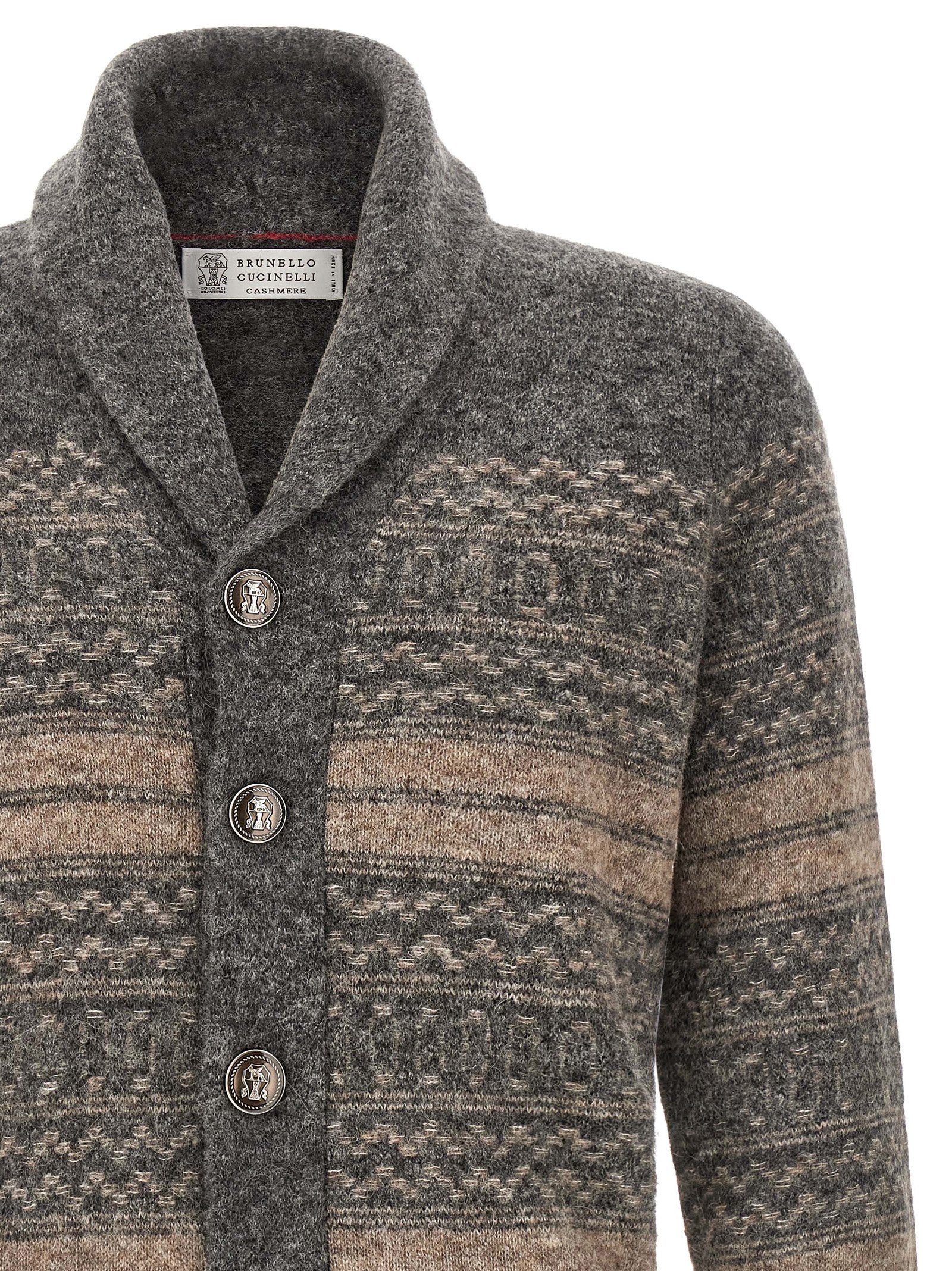 Brunello Cucinelli Grauer Strickcardigan aus Alpaka und Leder