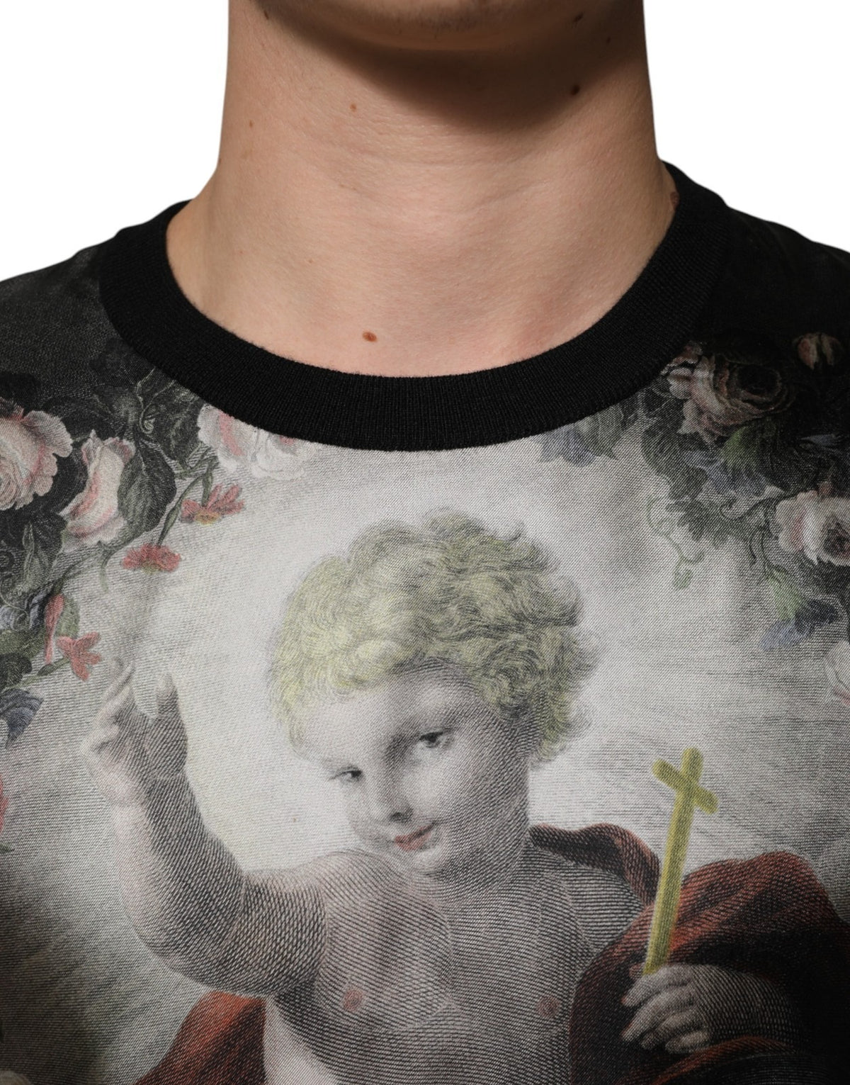 Dolce & Gabbana Schwarzer Kaschmir-Pullover mit Cherub-Print im Barockstil