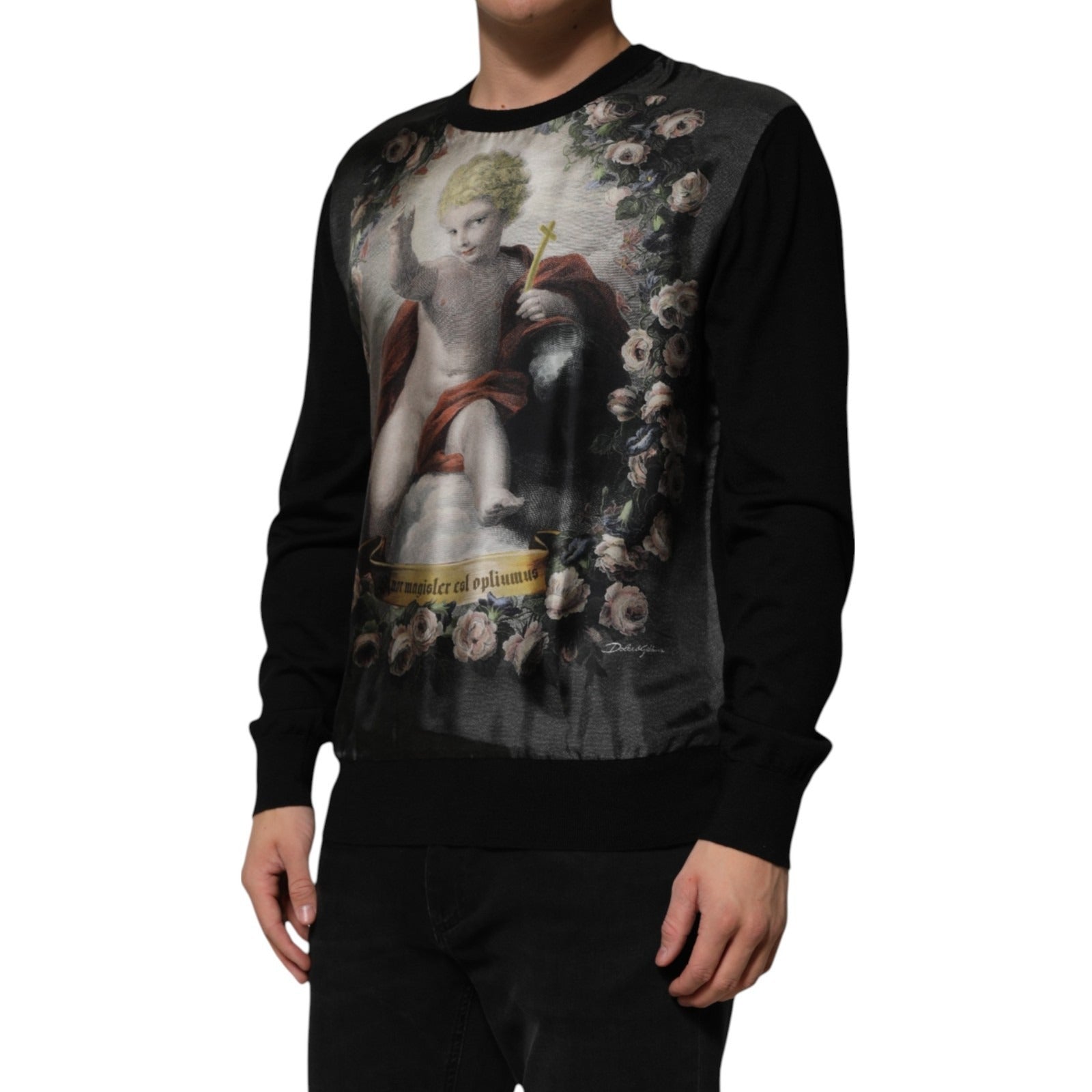 Dolce & Gabbana Schwarzer Kaschmir-Pullover mit Cherub-Print im Barockstil