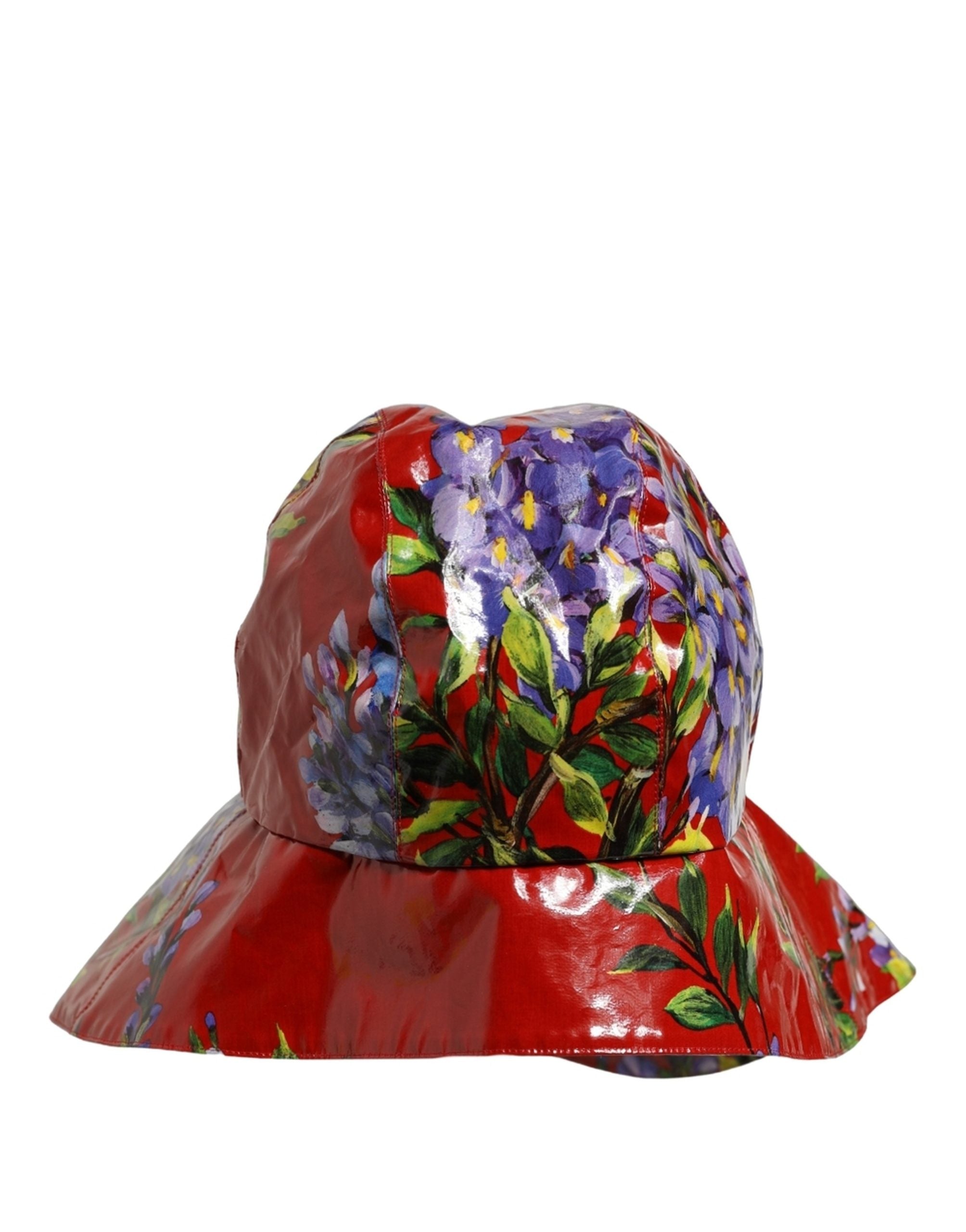 Dolce & Gabbana Glänzender roter Eimerhut mit breiter Krempe und Blumenmuster