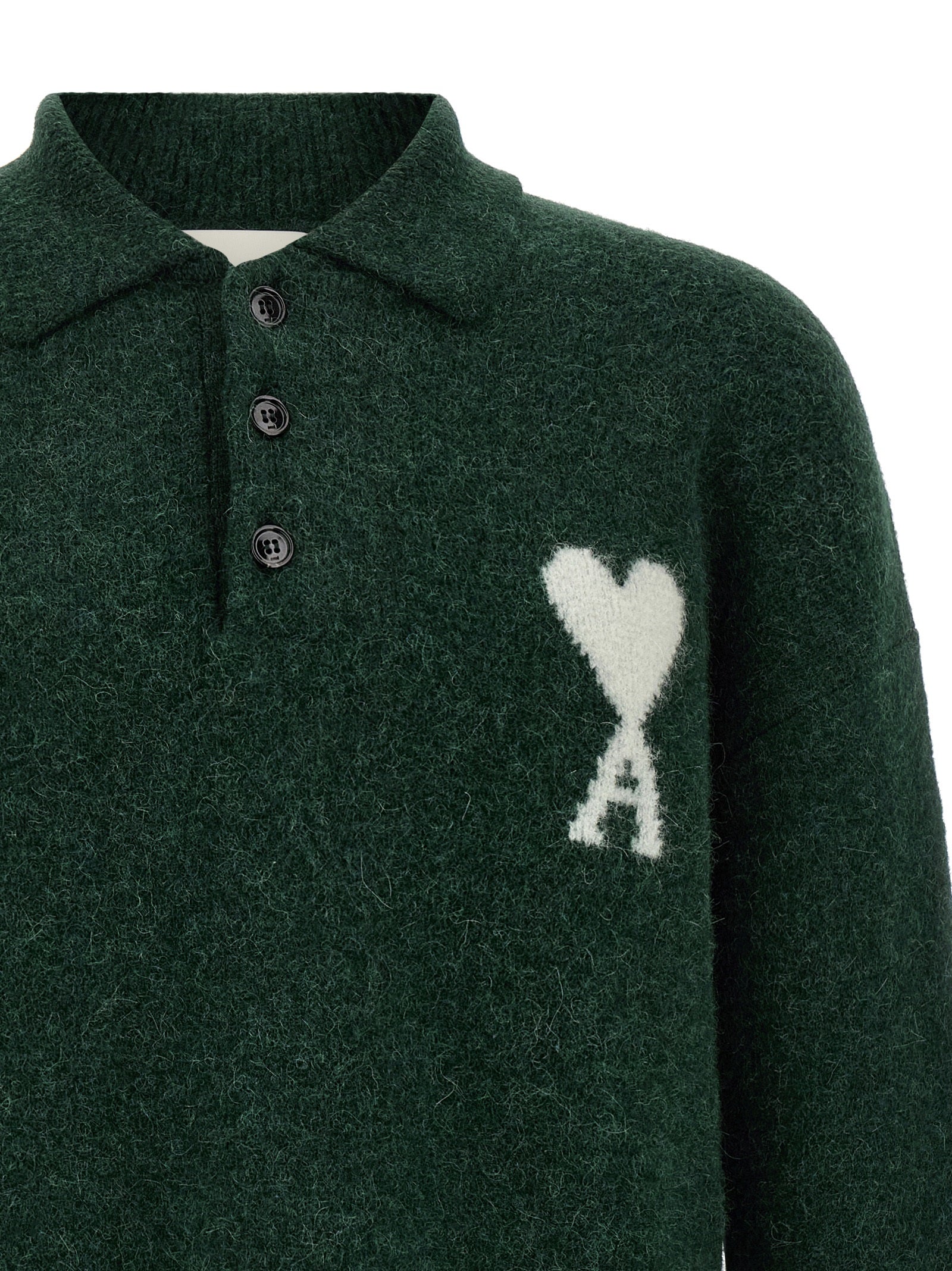 Ami Paris Zweifarbige Polo-Shirt aus Alpakawolle und Leder