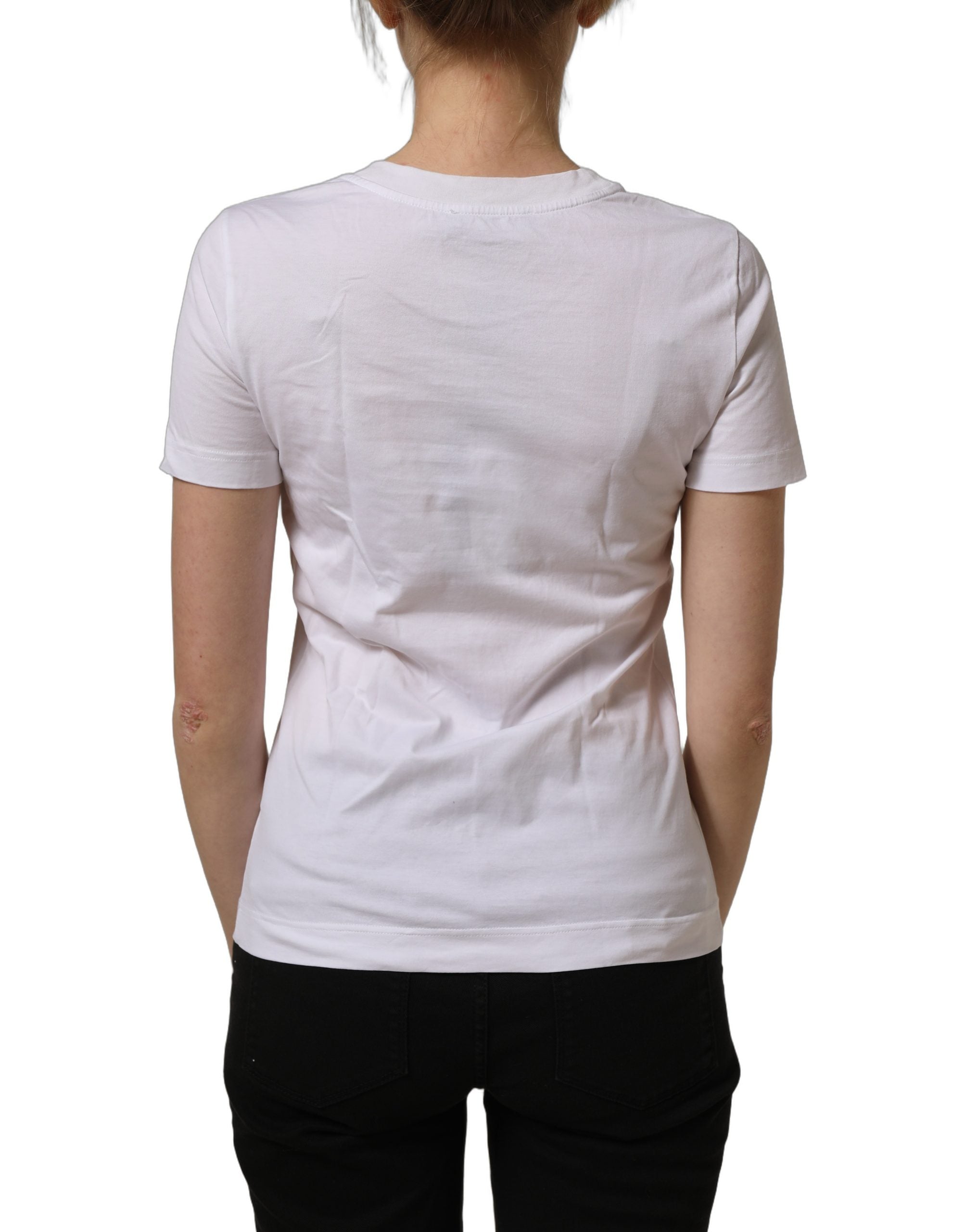Dolce & Gabbana Weißes Baumwoll-T-Shirt mit Rosen-Patch und Rundhalsausschnitt