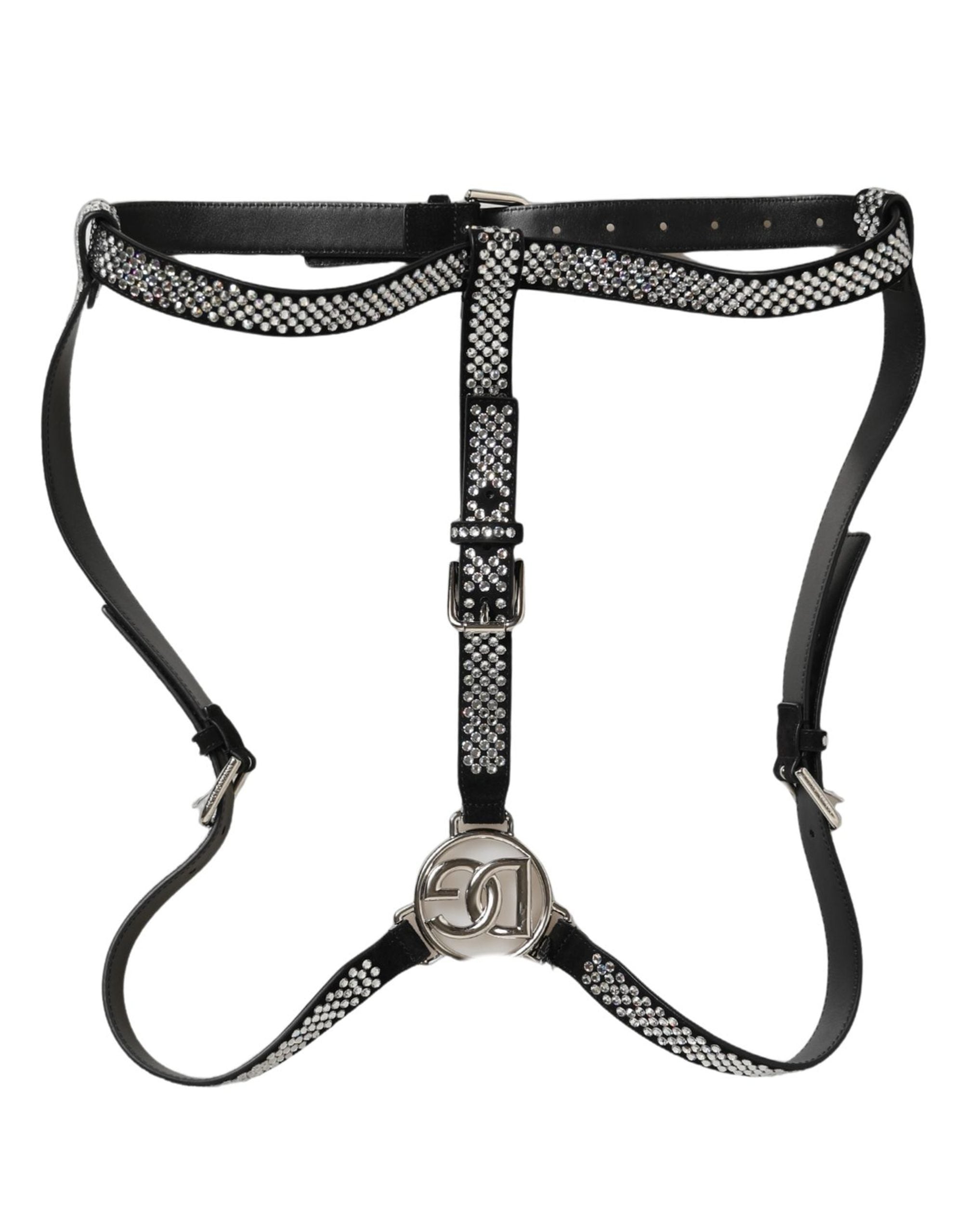 Dolce & Gabbana Herren Hosenträger aus schwarzem Leder mit Strasssteinen