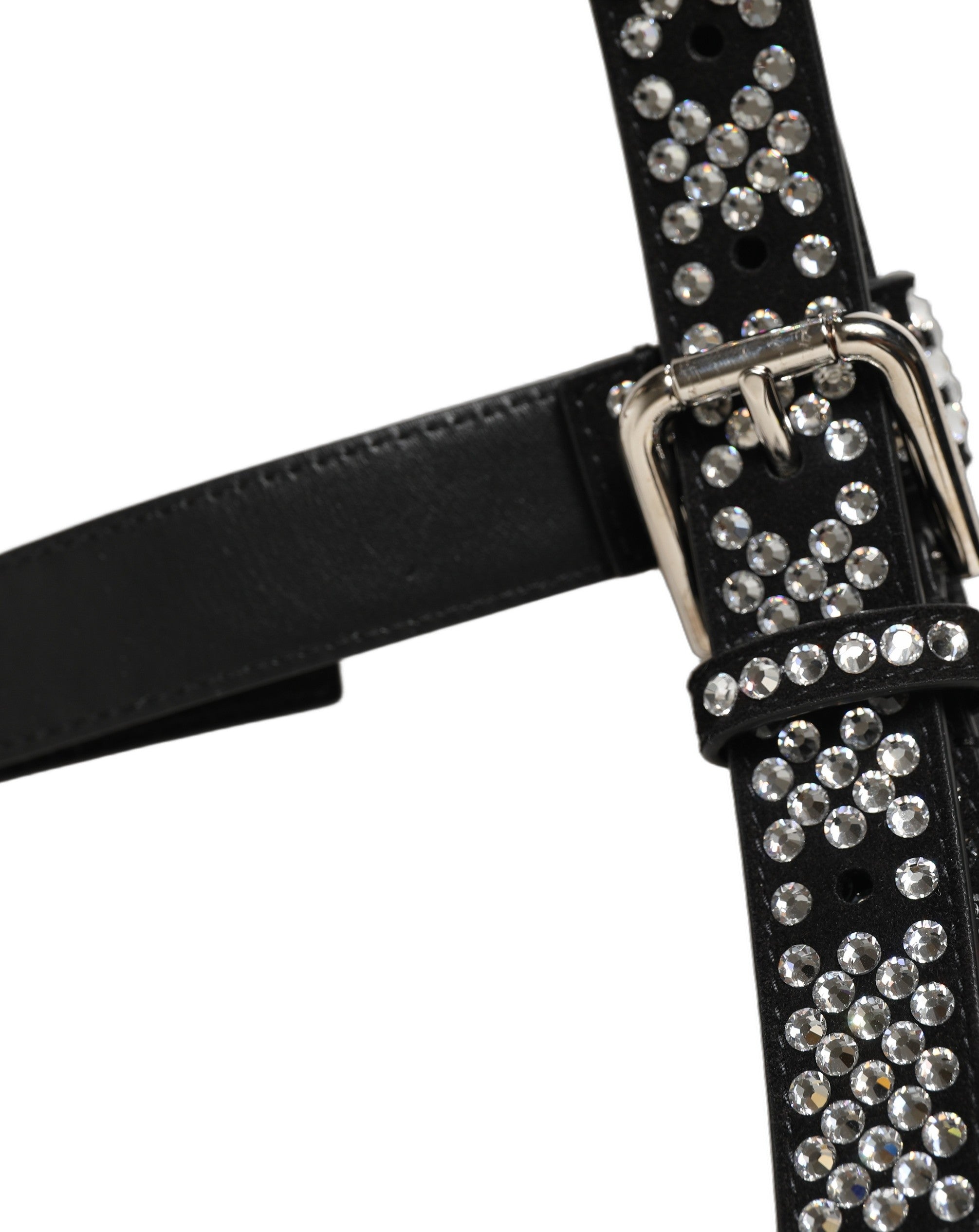 Dolce & Gabbana Herren Hosenträger aus schwarzem Leder mit Strasssteinen