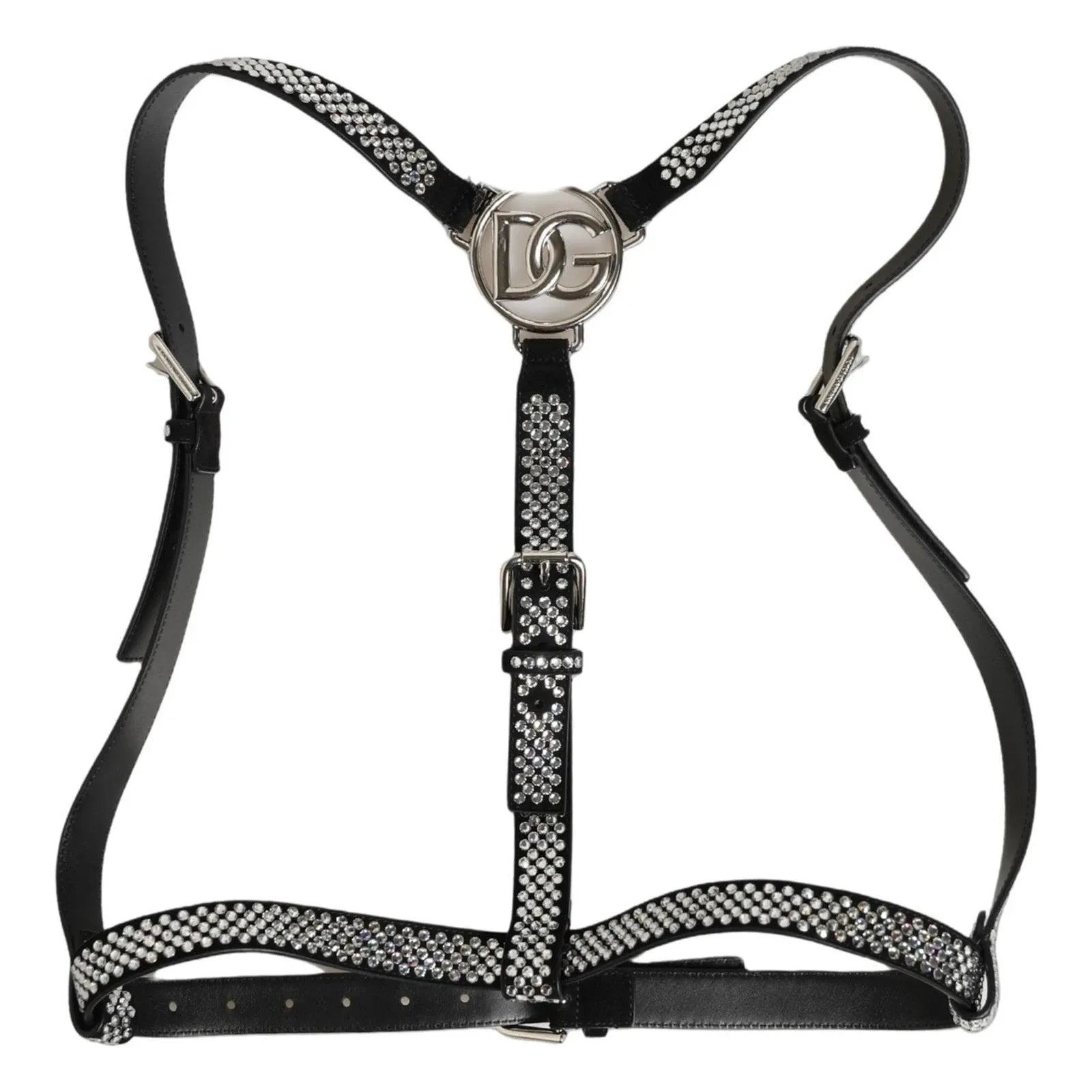 Dolce & Gabbana Herren Hosenträger aus schwarzem Leder mit Strasssteinen