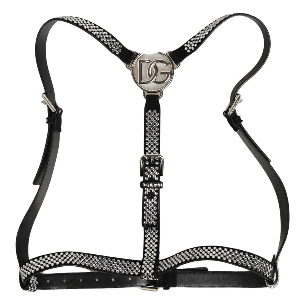 Dolce & Gabbana Herren Hosenträger aus schwarzem Leder mit Strasssteinen