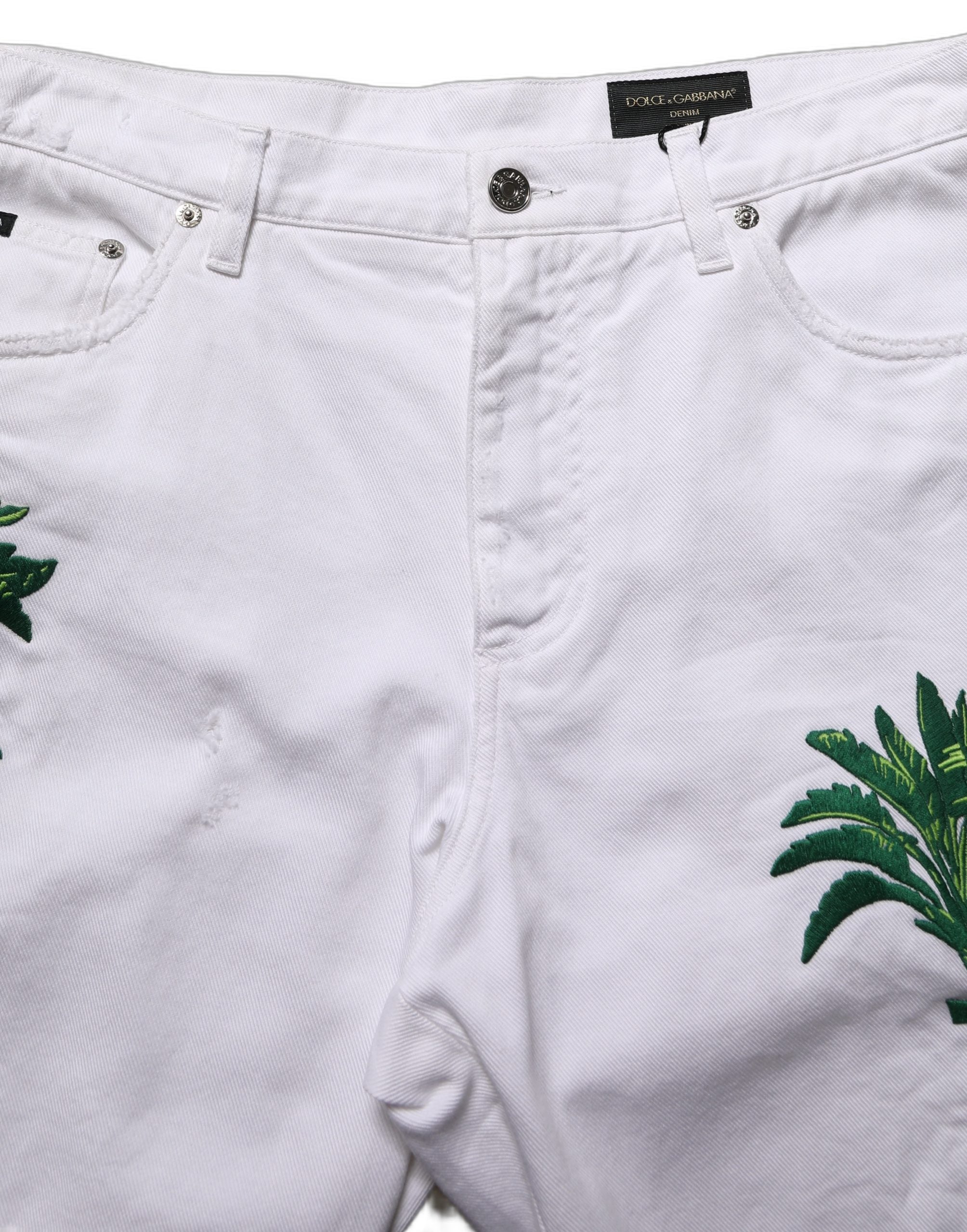 Dolce & Gabbana Weiße Bermuda-Shorts aus Denim mit Palmenstickerei