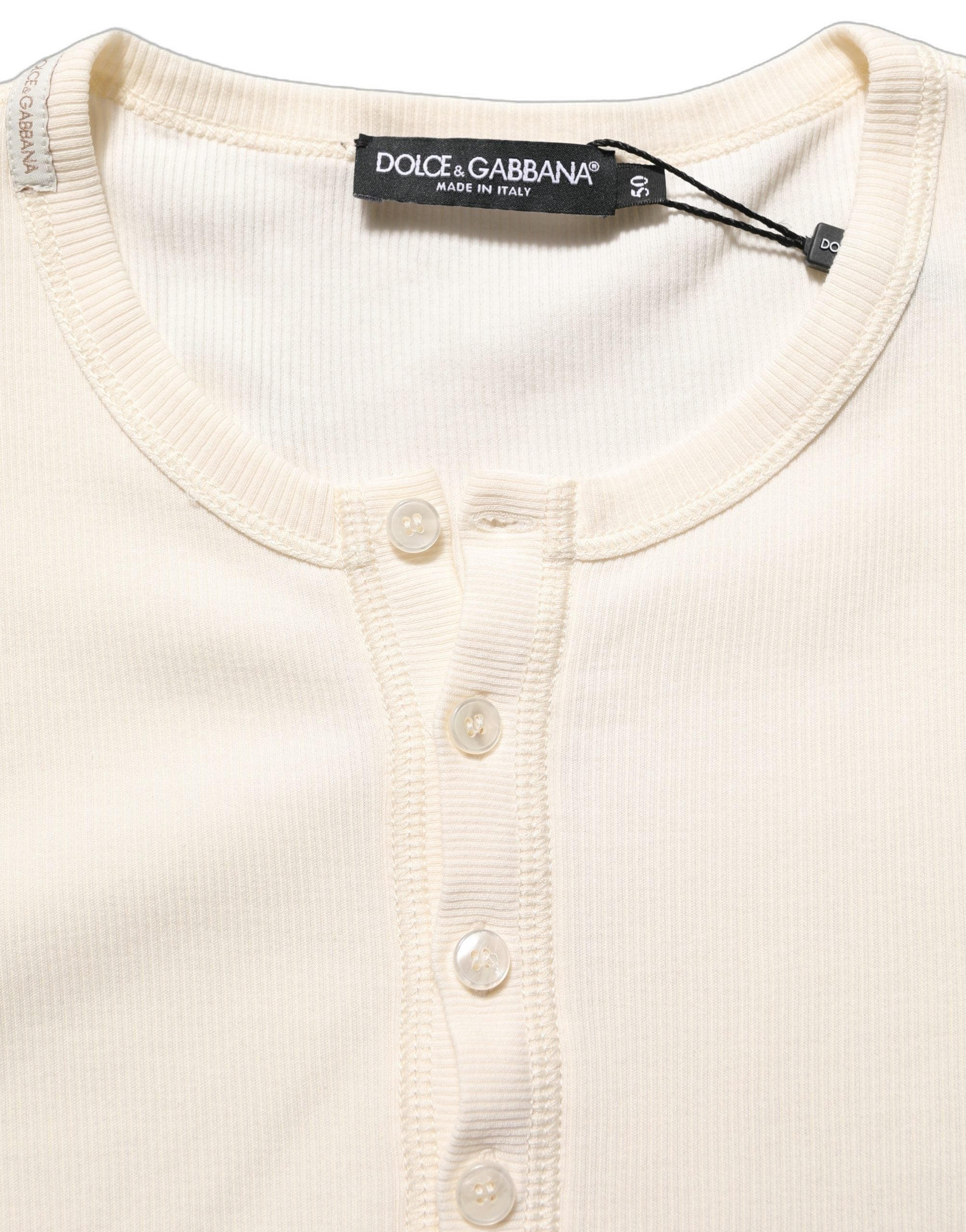 Dolce & Gabbana Off White Baumwoll-Henley-Shirt mit langen Ärmeln