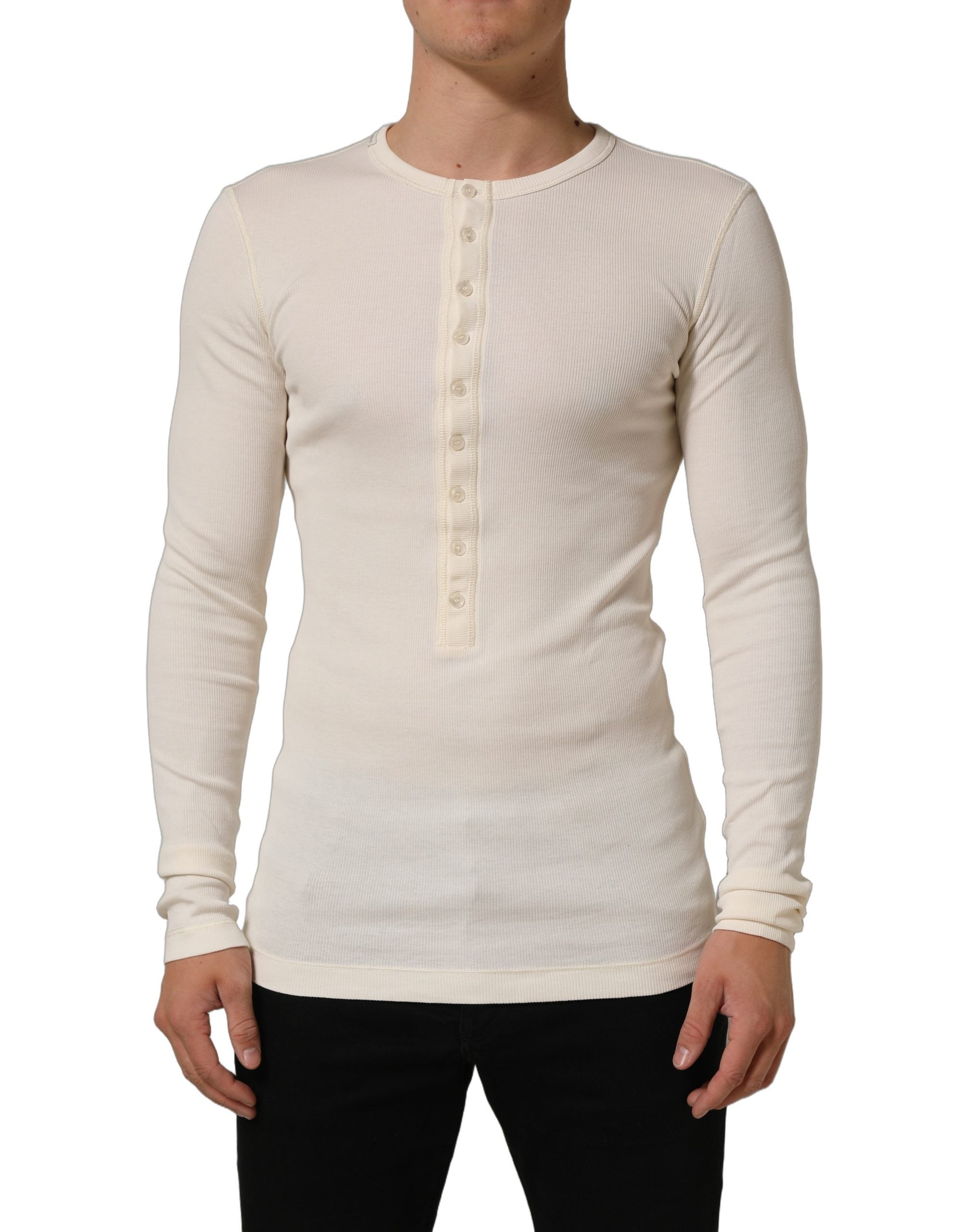 Dolce & Gabbana Off White Baumwoll-Henley-Shirt mit langen Ärmeln