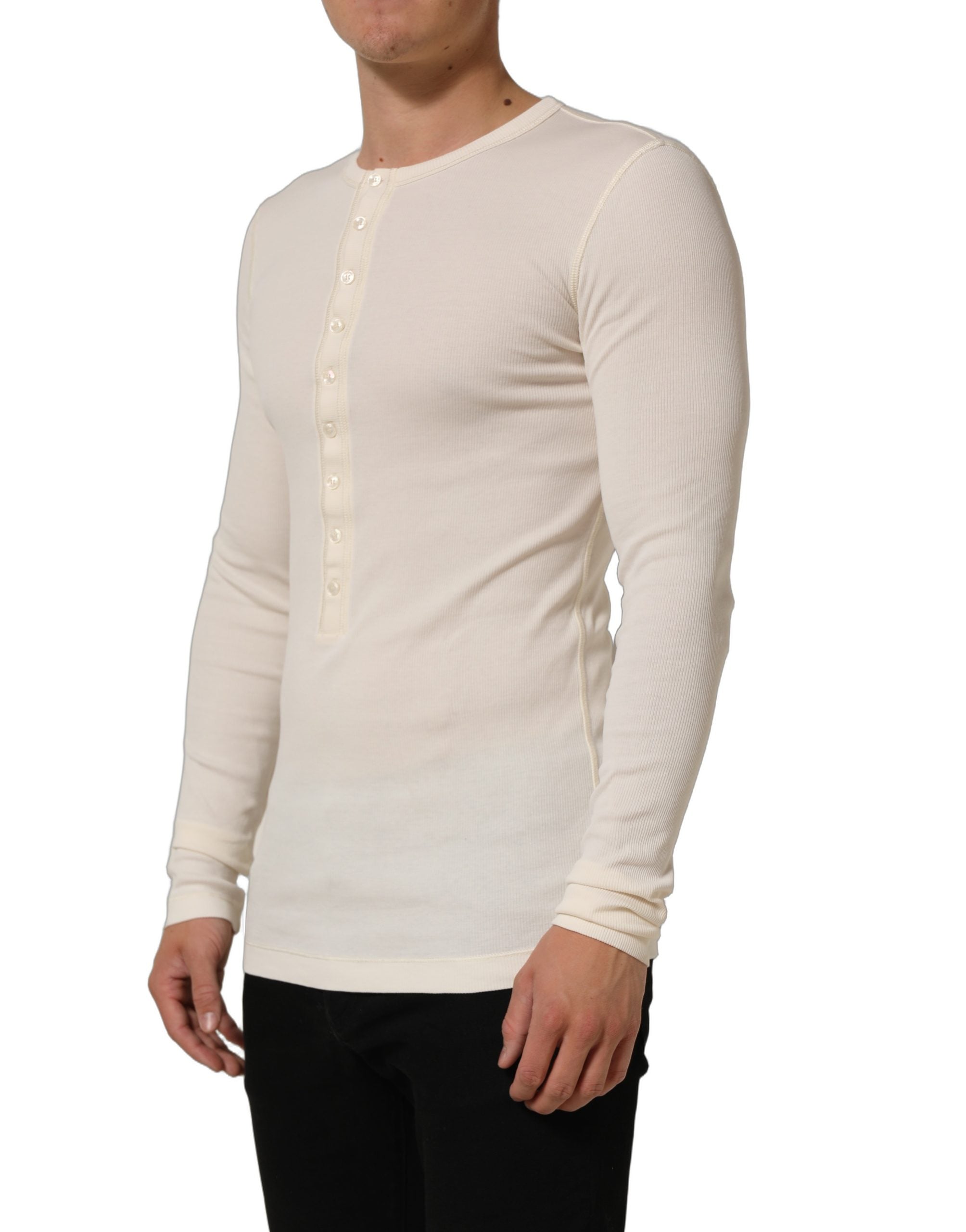 Dolce & Gabbana Off White Baumwoll-Henley-Shirt mit langen Ärmeln