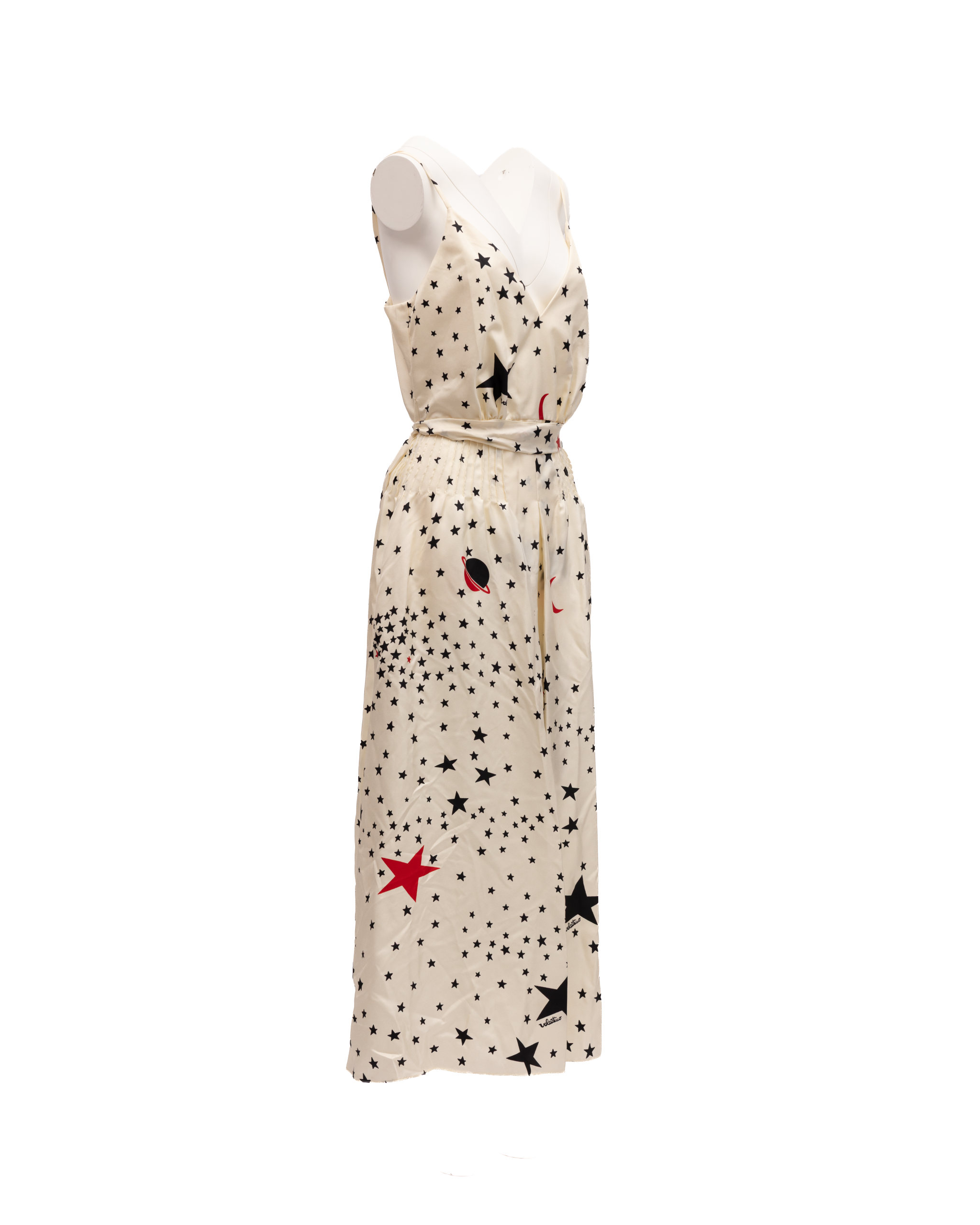 Valentino Garavani Midi-Kleid in Creme mit schwarzen und roten Sternen