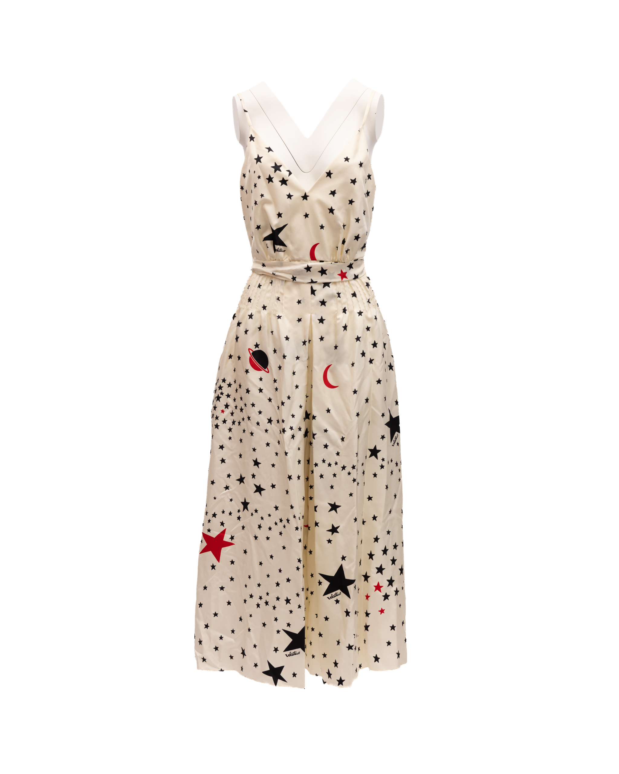 Valentino Garavani Midi-Kleid in Creme mit schwarzen und roten Sternen