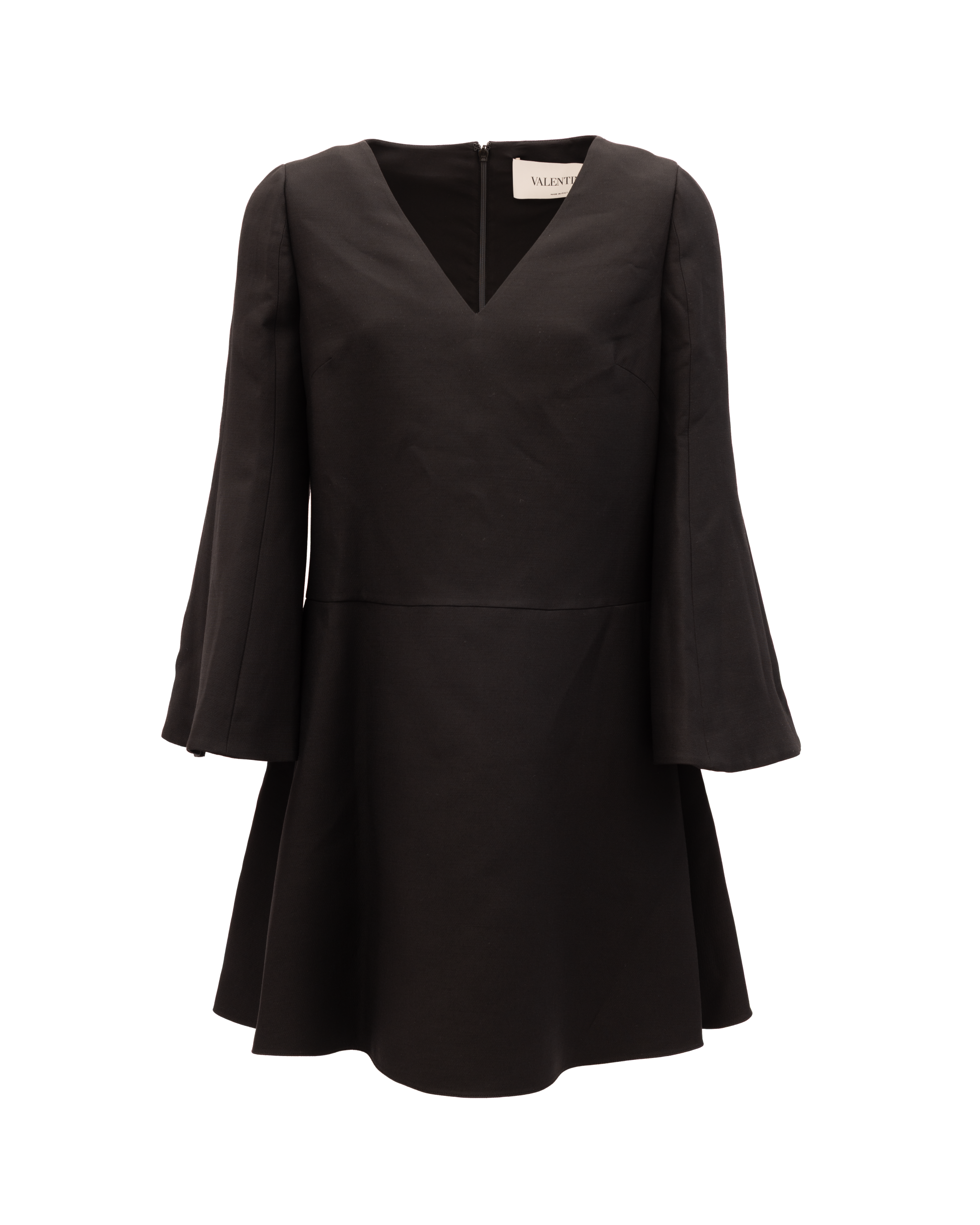 Valentino Garavani Schwarzes V-Ausschnitt-Kleid mit ausgestellten Ärmeln