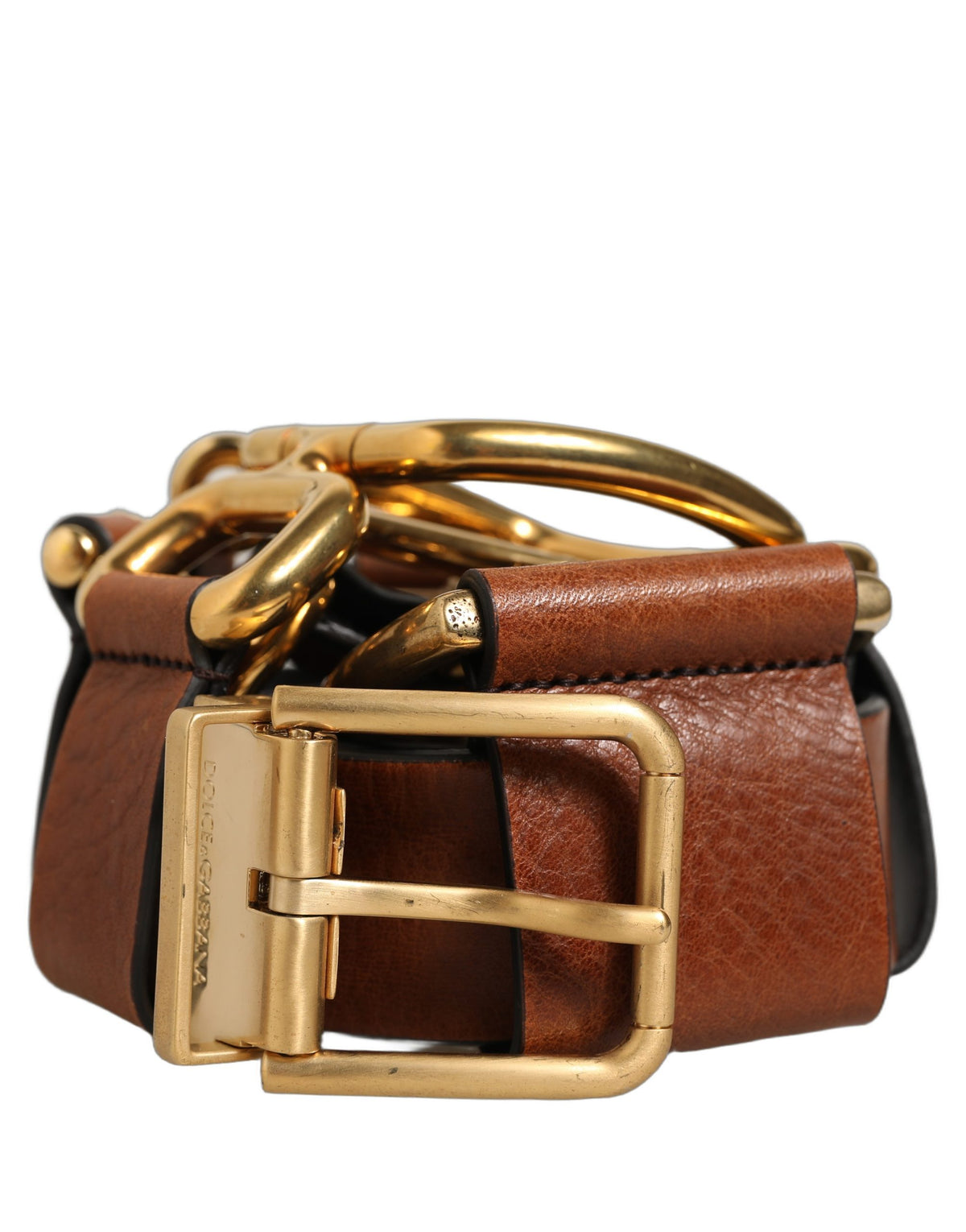 Dolce & Gabbana Brauner Ledergürtel mit goldenen Metallringen und Schnalle