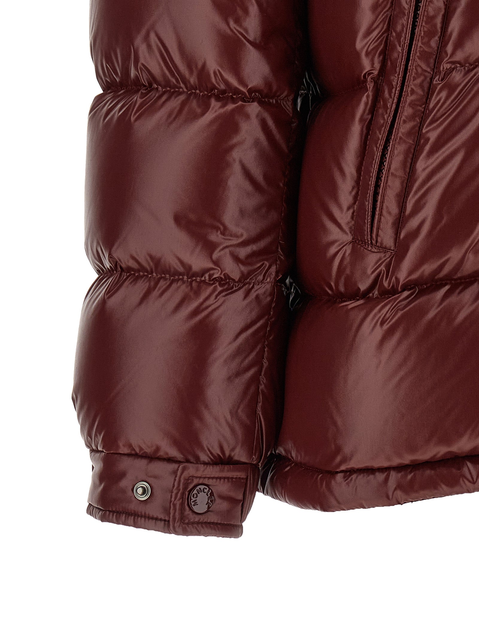 Moncler Bordeaux Polyamid-Steppjacke in voller Länge