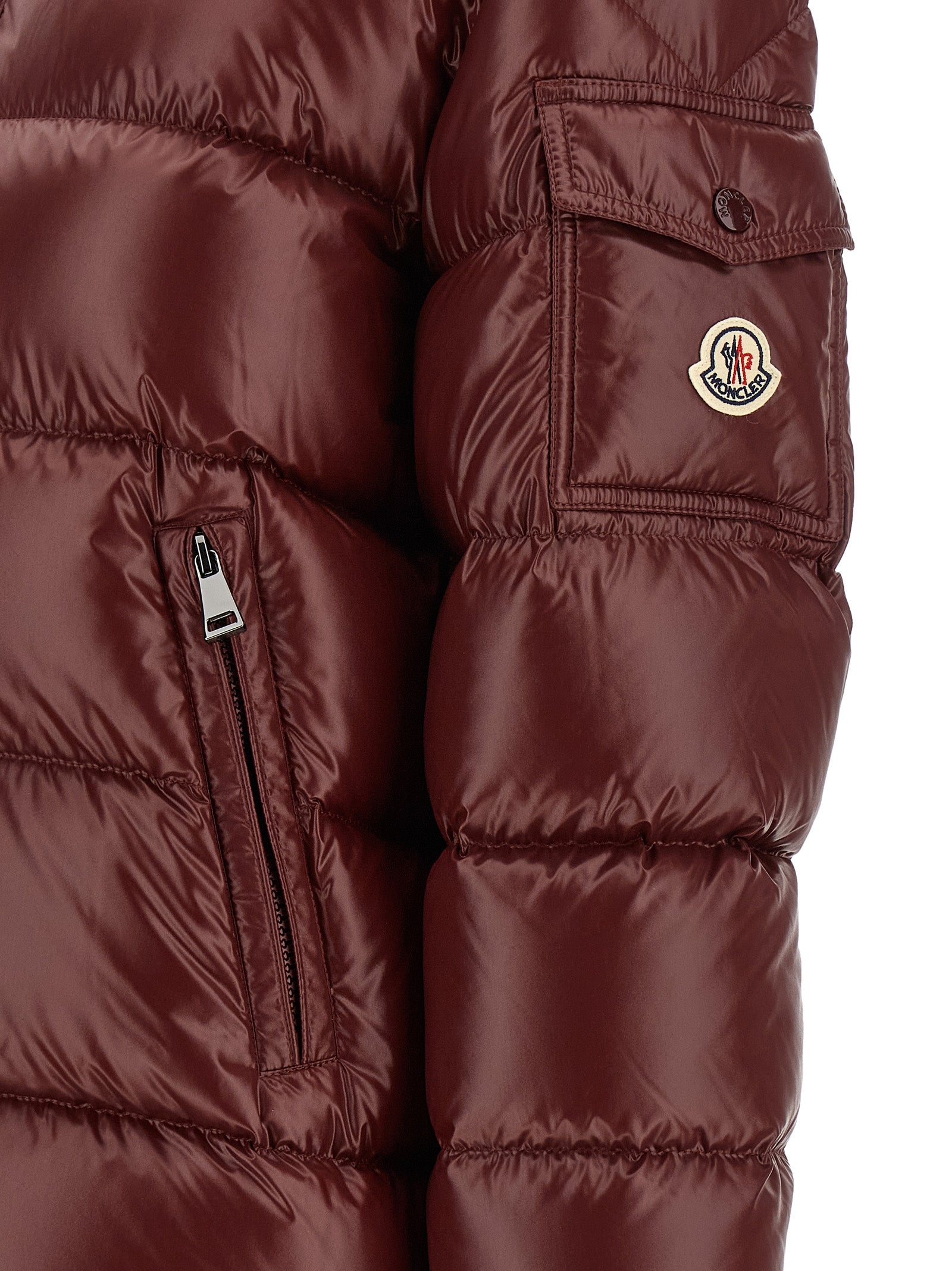 Moncler Bordeaux Polyamid-Steppjacke in voller Länge