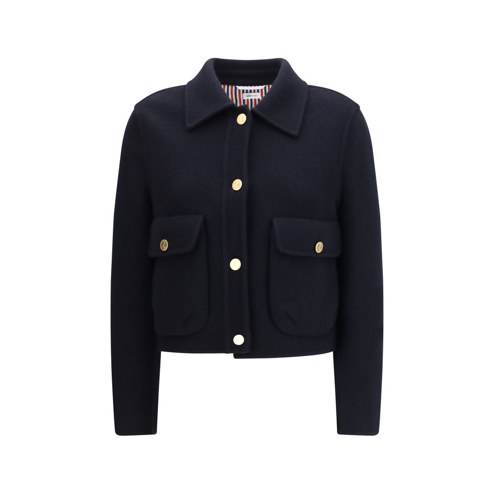 Thom Browne Blaue Jacke aus Wolle Oves Aries in voller Länge